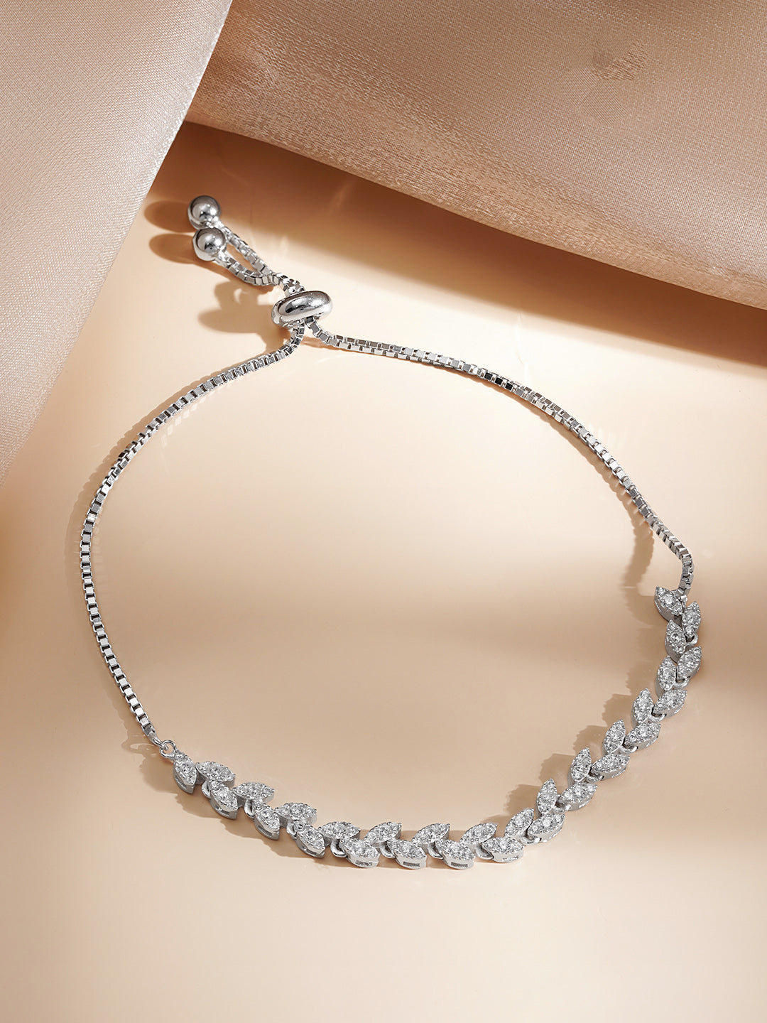 925 Fine  Silver Crystal Leaf Vine Chain Bracelet フリーサイズ