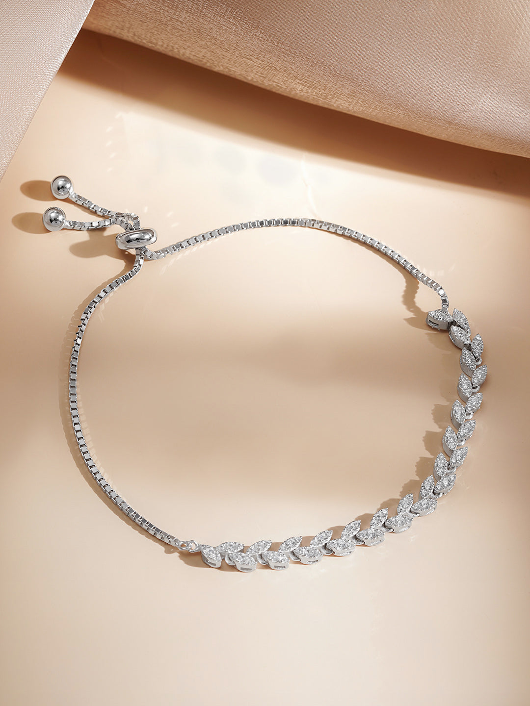 925 Fine  Silver Crystal Leaf Vine Chain Bracelet フリーサイズ