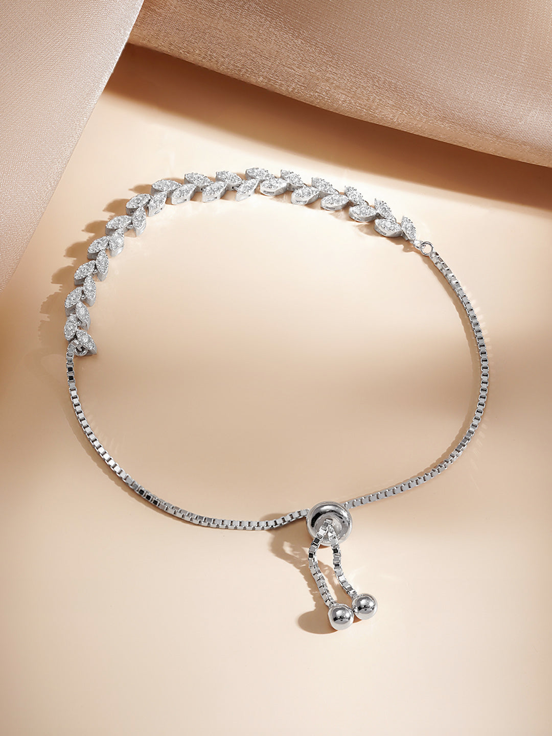925 Fine  Silver Crystal Leaf Vine Chain Bracelet フリーサイズ