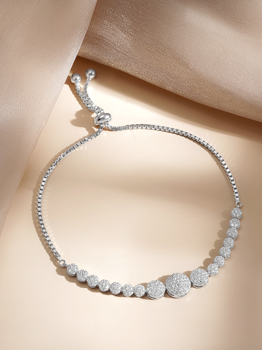 925 Fine Silver Crystal Circle Charm Bracelet フリーサイズ
