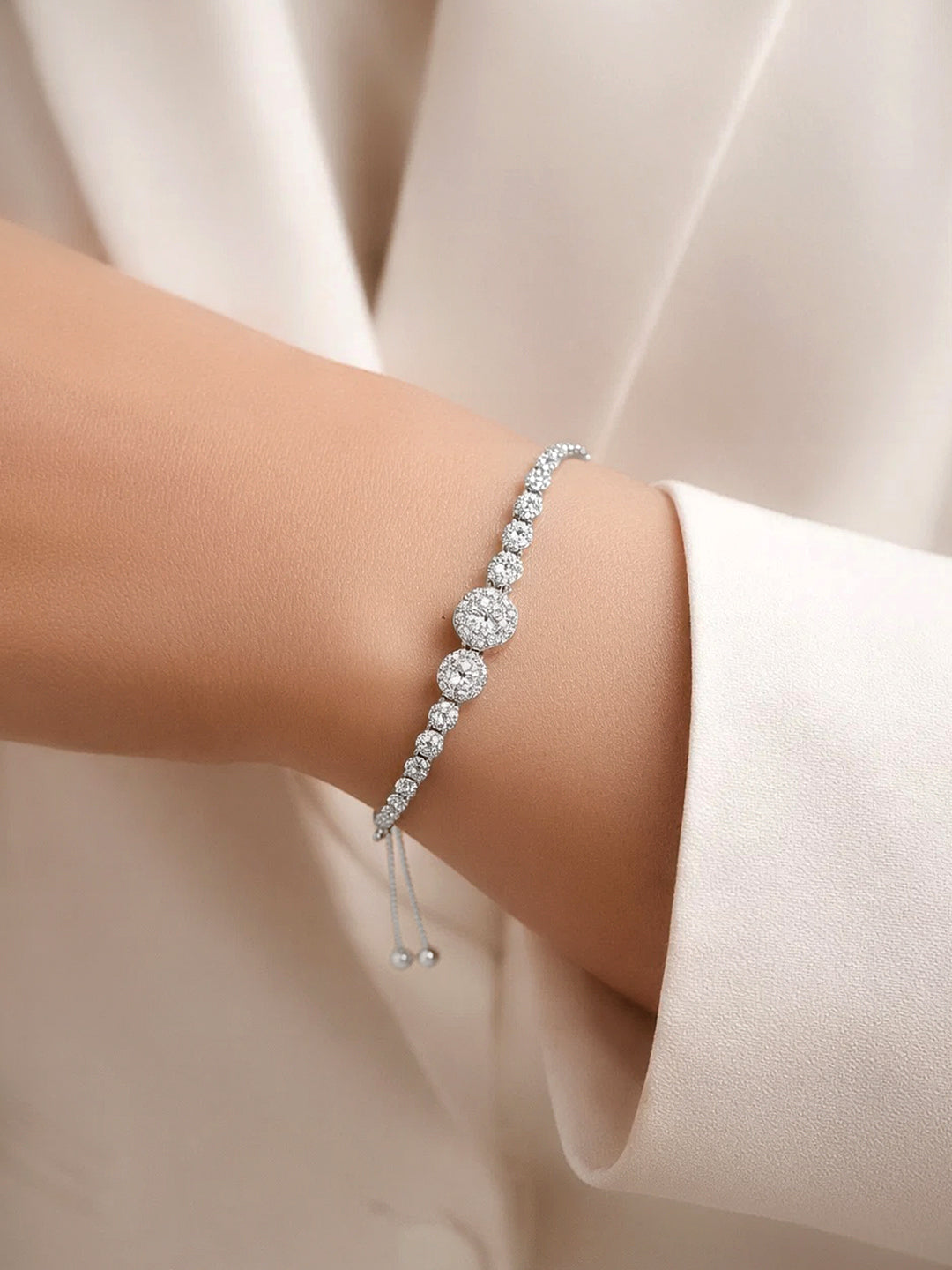 925 Fine Silver Crystal Circle Charm Bracelet フリーサイズ