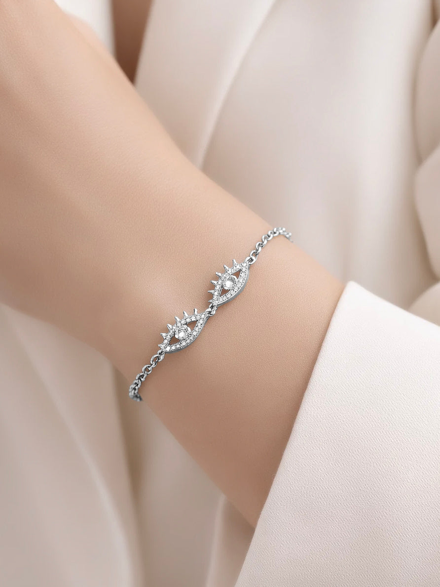 925 Fine  Silver Evil Eye Link Chain Bracelet Length-16 cm : Width-1 cm