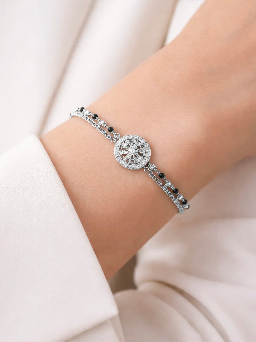 925 Fine  Silver Crystal Medallion Link Bracelet Length-15 cm : Width-1.3 cm