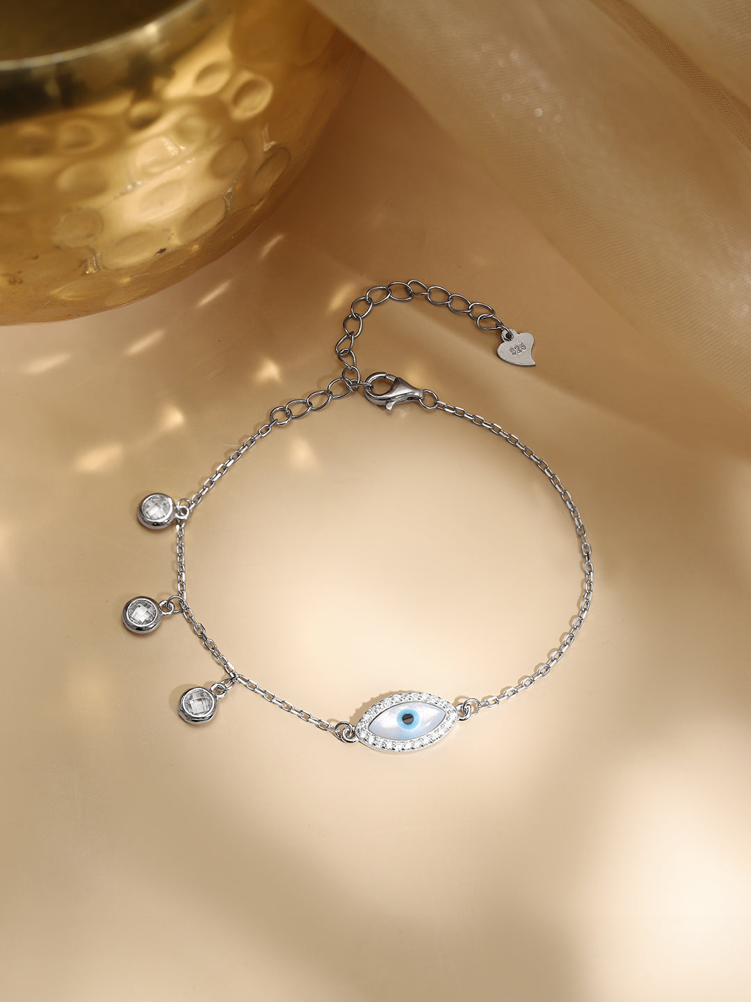 925 Fine Silver Crystal Evil Eye Charm Bracelet フリーサイズ