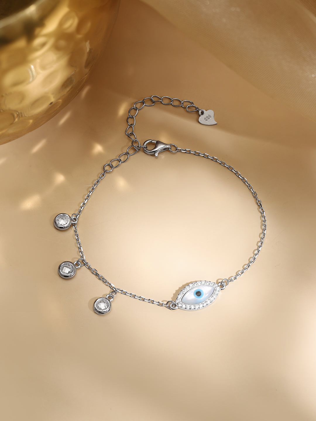 925 Fine Silver Crystal Evil Eye Charm Bracelet フリーサイズ