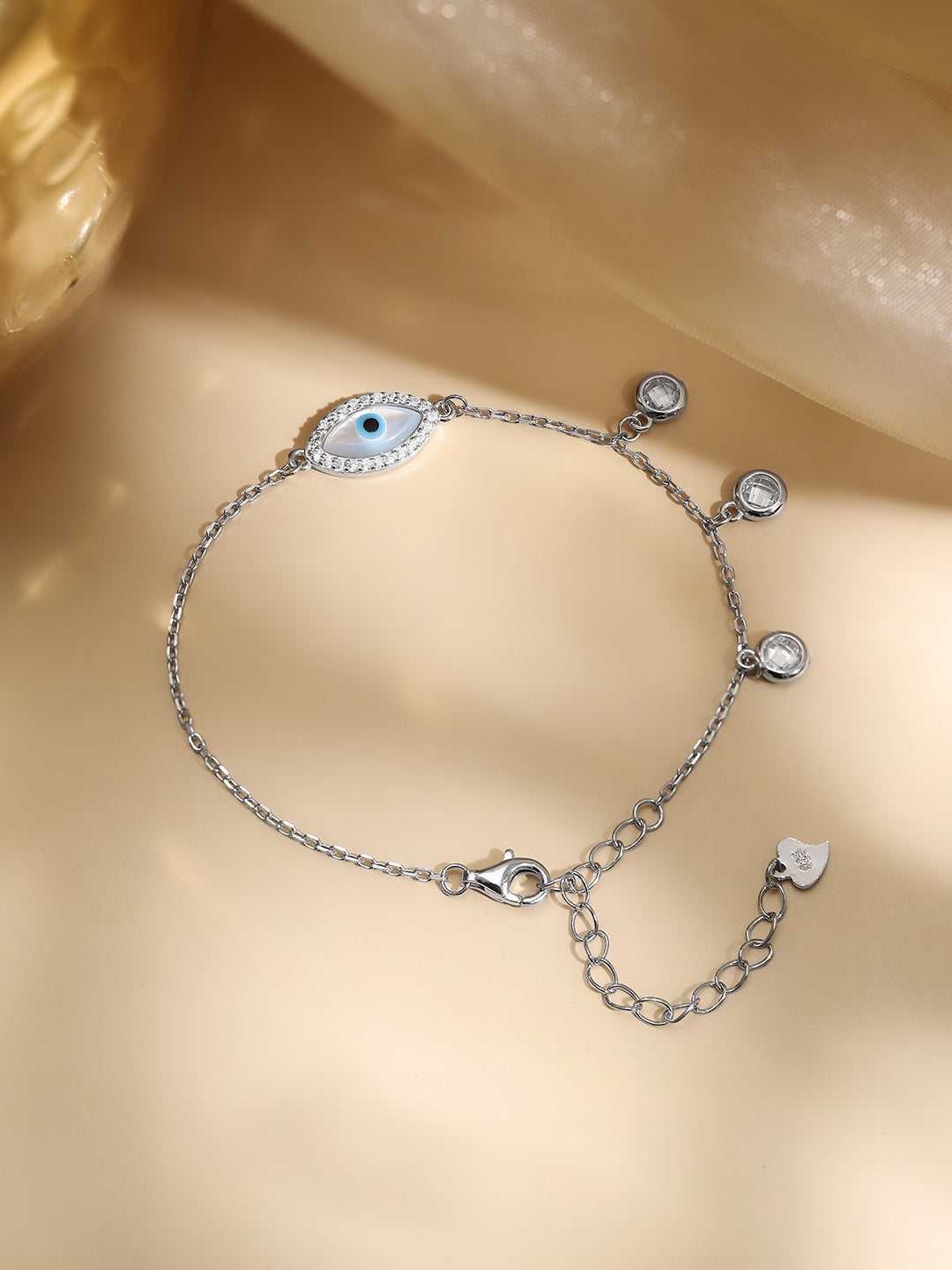 925 Fine Silver Crystal Evil Eye Charm Bracelet フリーサイズ