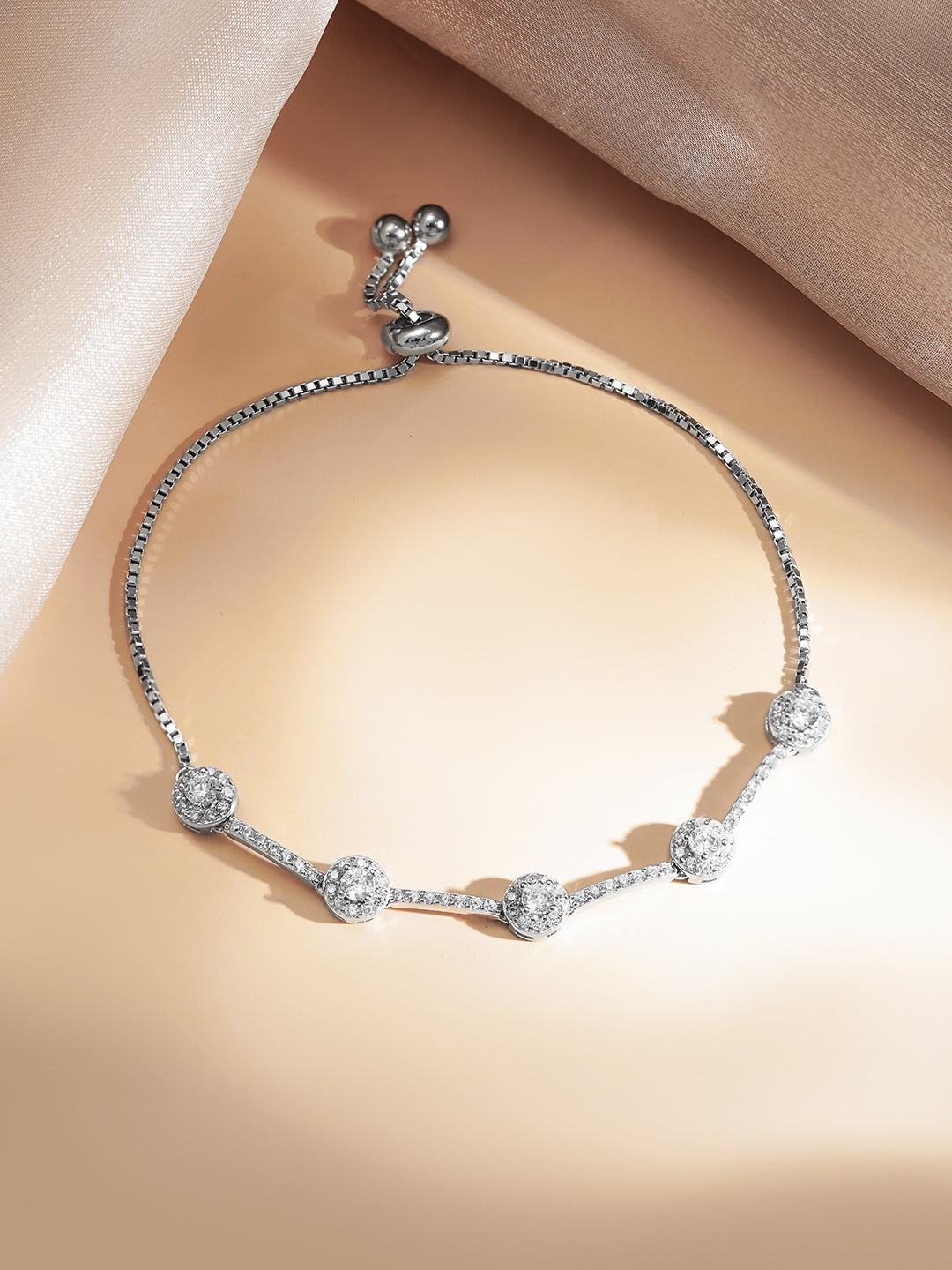 925 Fine Silver Crystal Adjustable Chain Bracelet フリーサイズ
