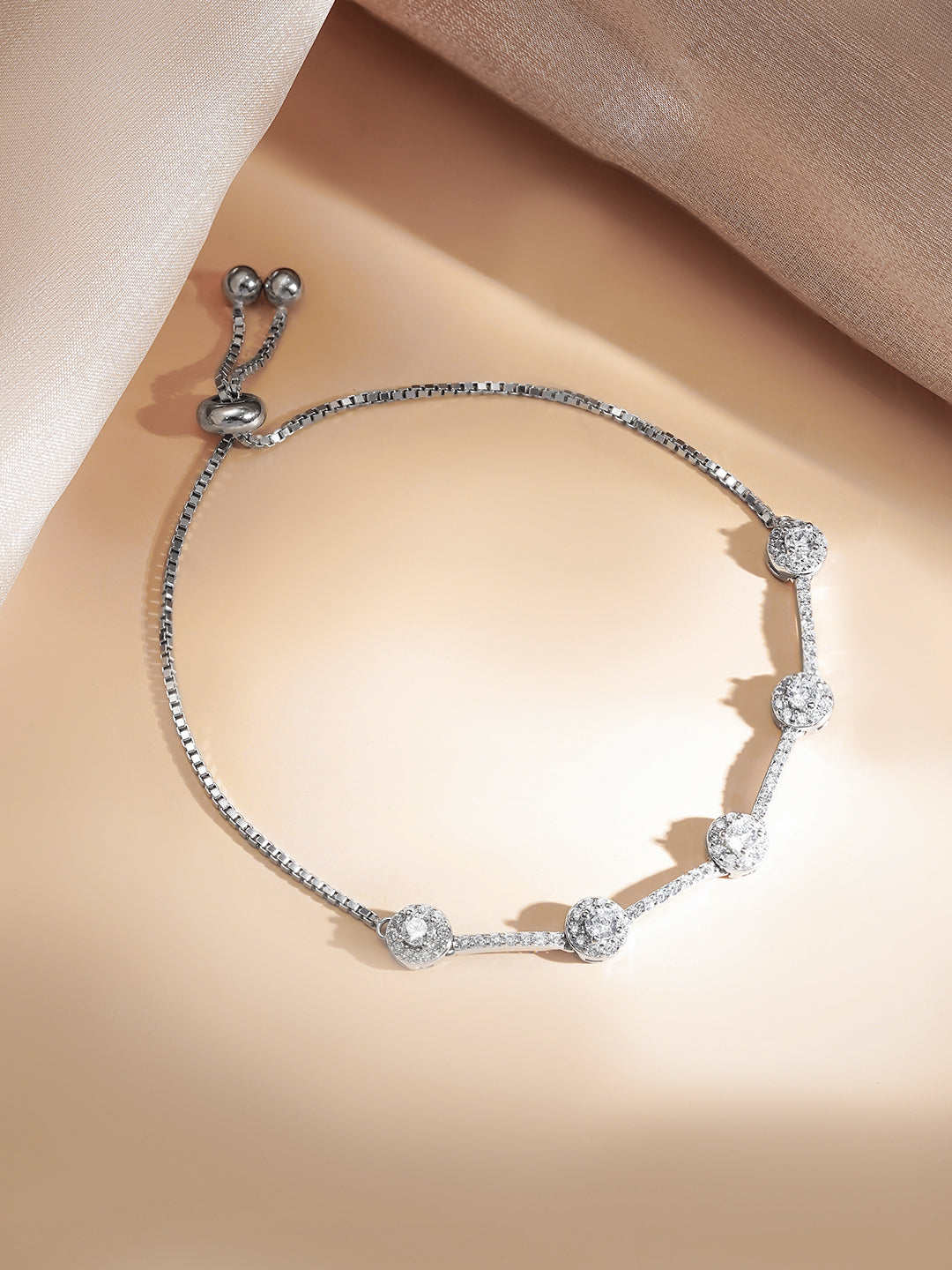 925 Fine Silver Crystal Adjustable Chain Bracelet フリーサイズ