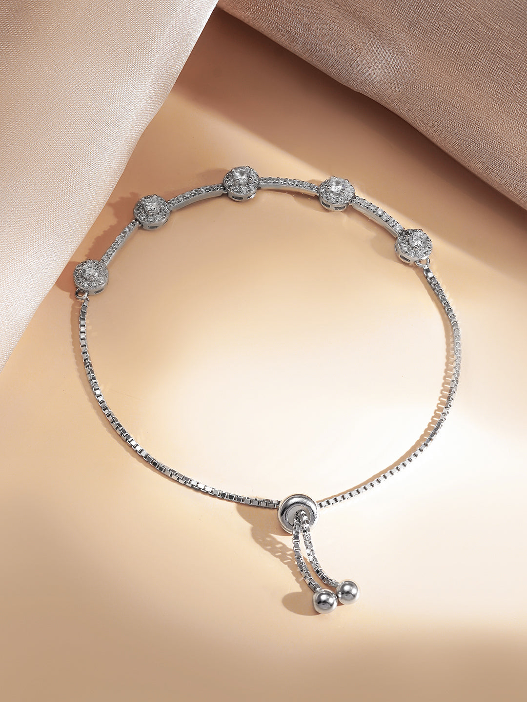 925 Fine Silver Crystal Adjustable Chain Bracelet フリーサイズ