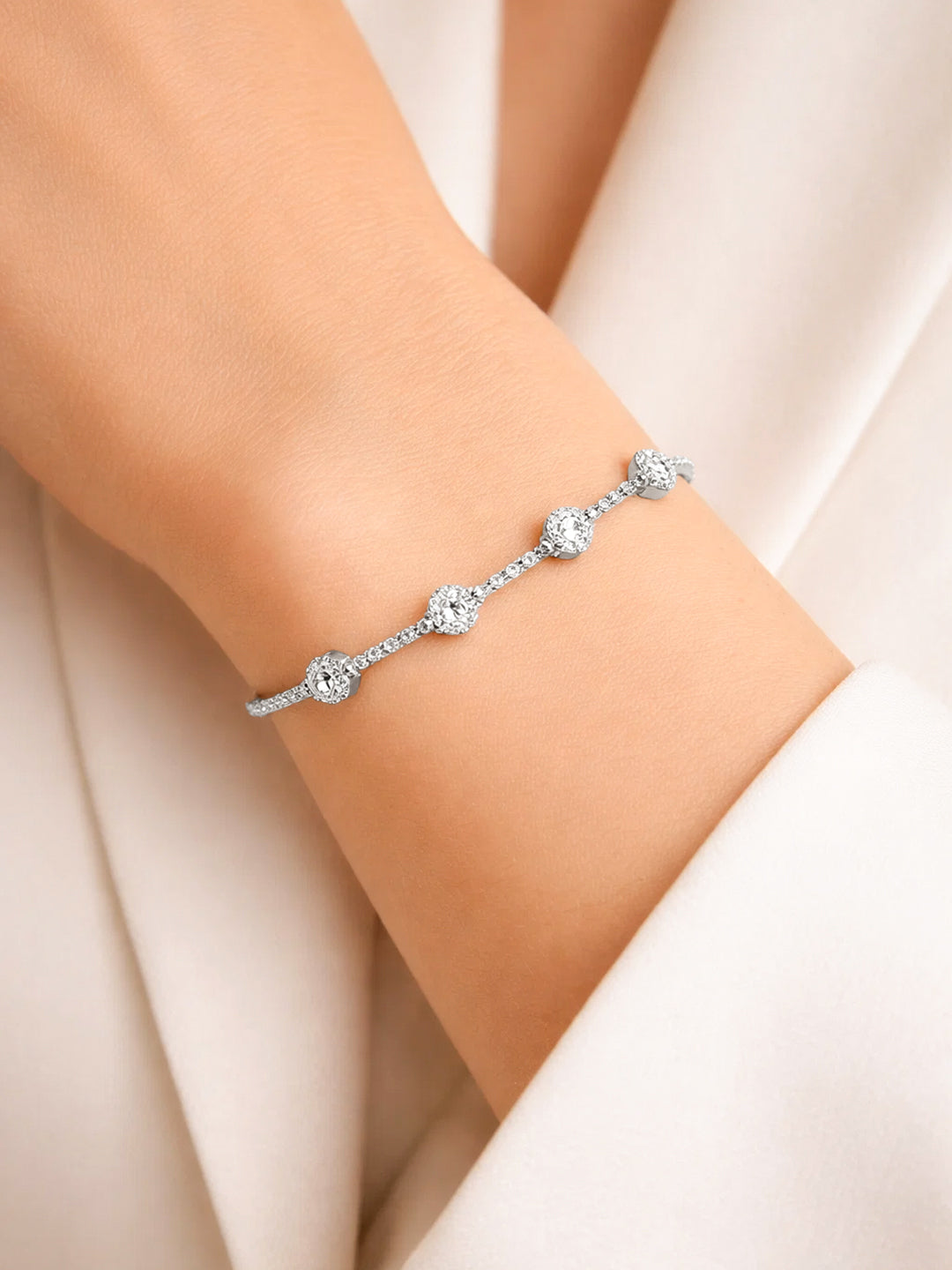 925 Fine Silver Crystal Adjustable Chain Bracelet フリーサイズ