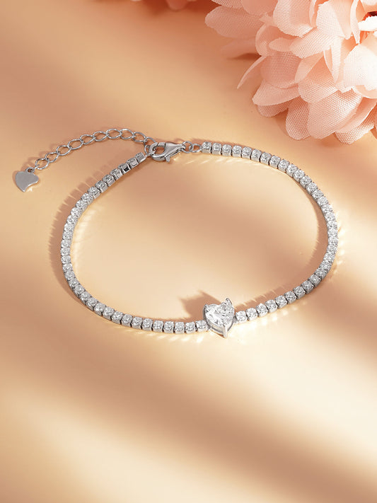 925 Fine Silver Heart Crystal Tennis Bracelet Length-17 cm : Width-0.6 cm