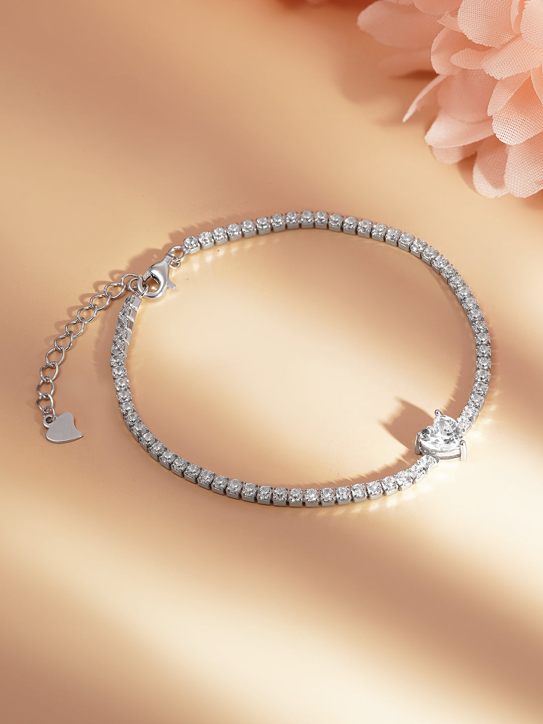 925 Fine Silver Heart Crystal Tennis Bracelet Length-17 cm : Width-0.6 cm