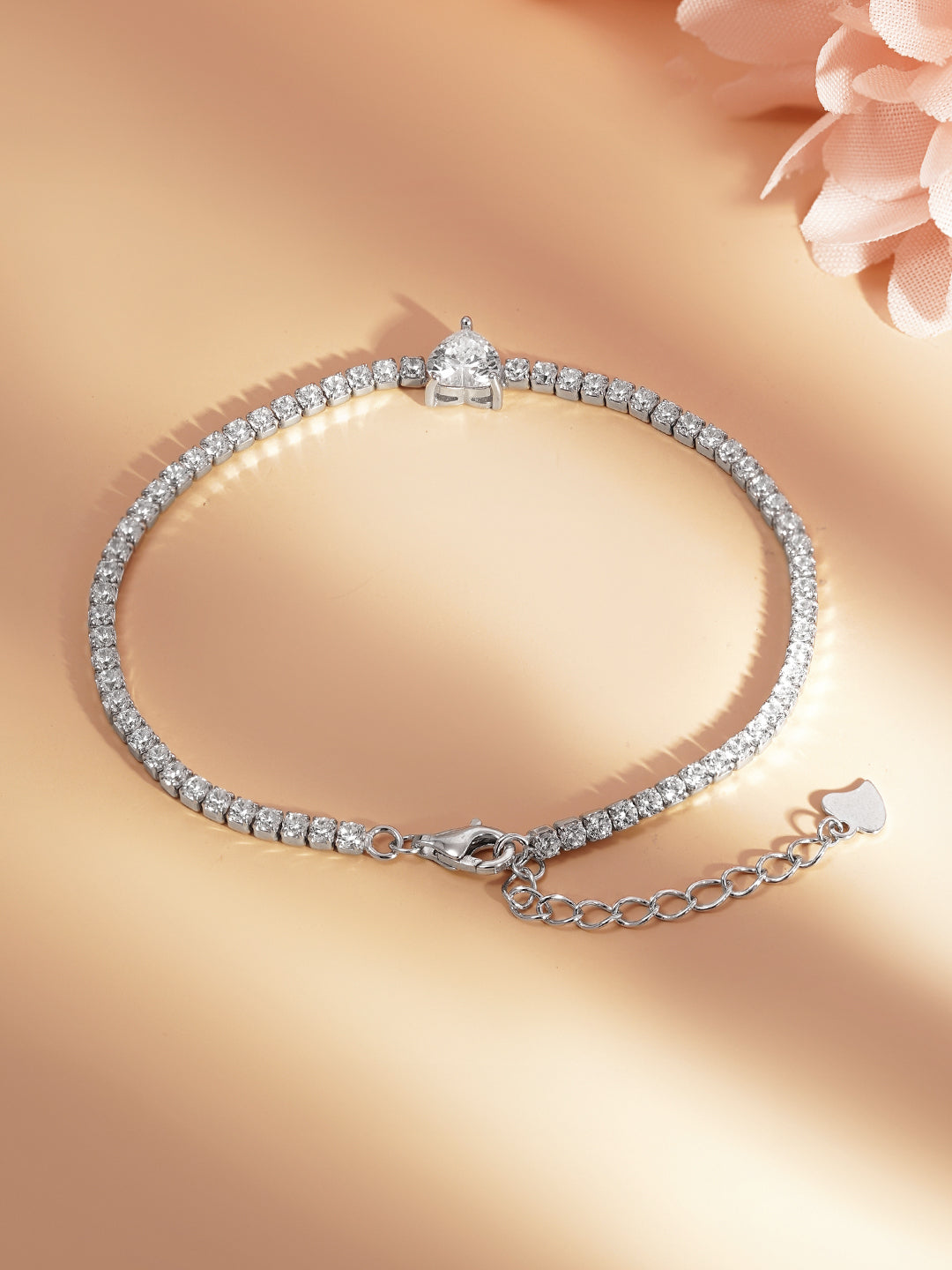 925 Fine Silver Heart Crystal Tennis Bracelet Length-17 cm : Width-0.6 cm