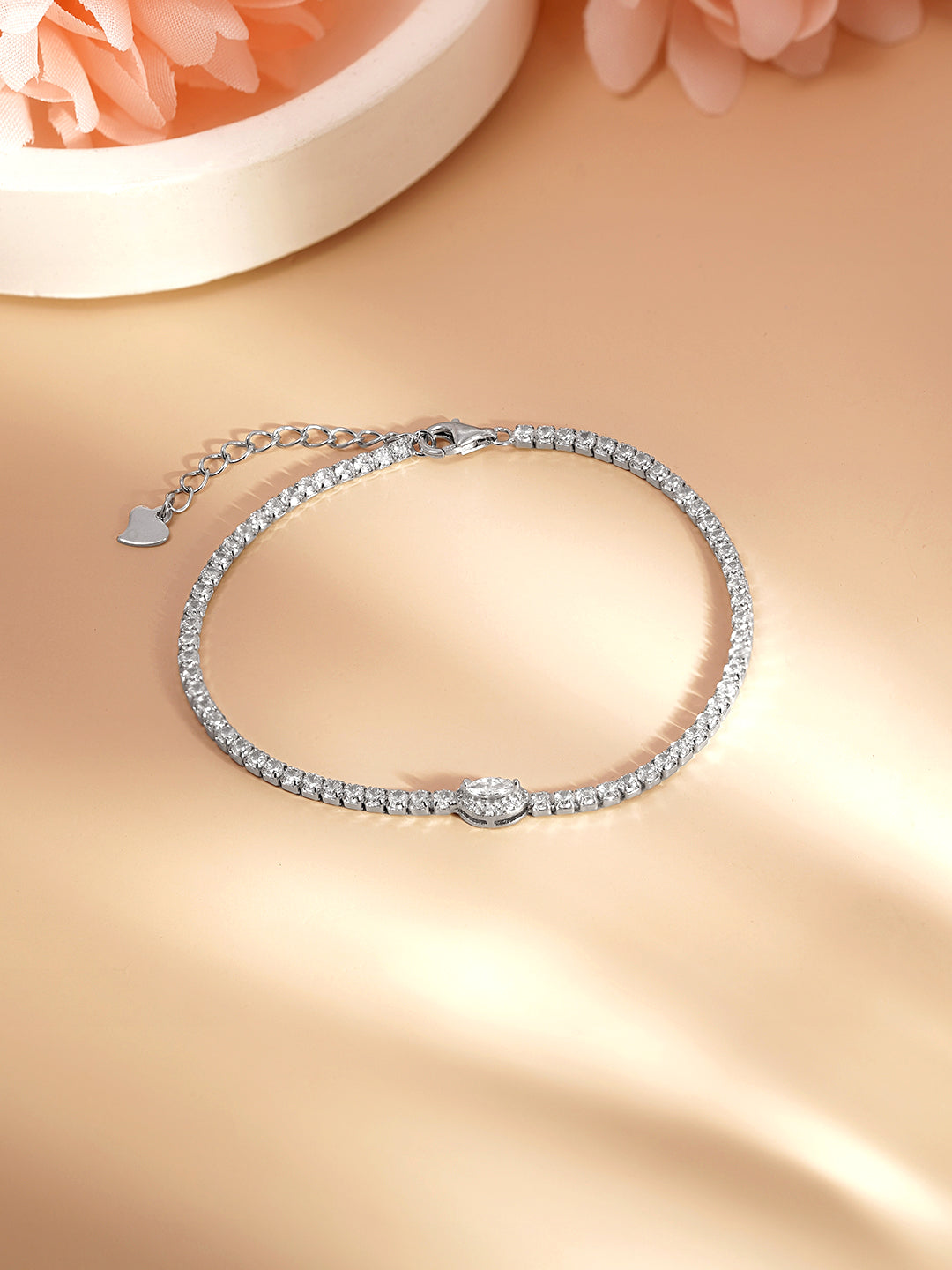 925 Fine Silver Crystal Charm Tennis Bracelet Length-16 cm : Width-0.7 cm