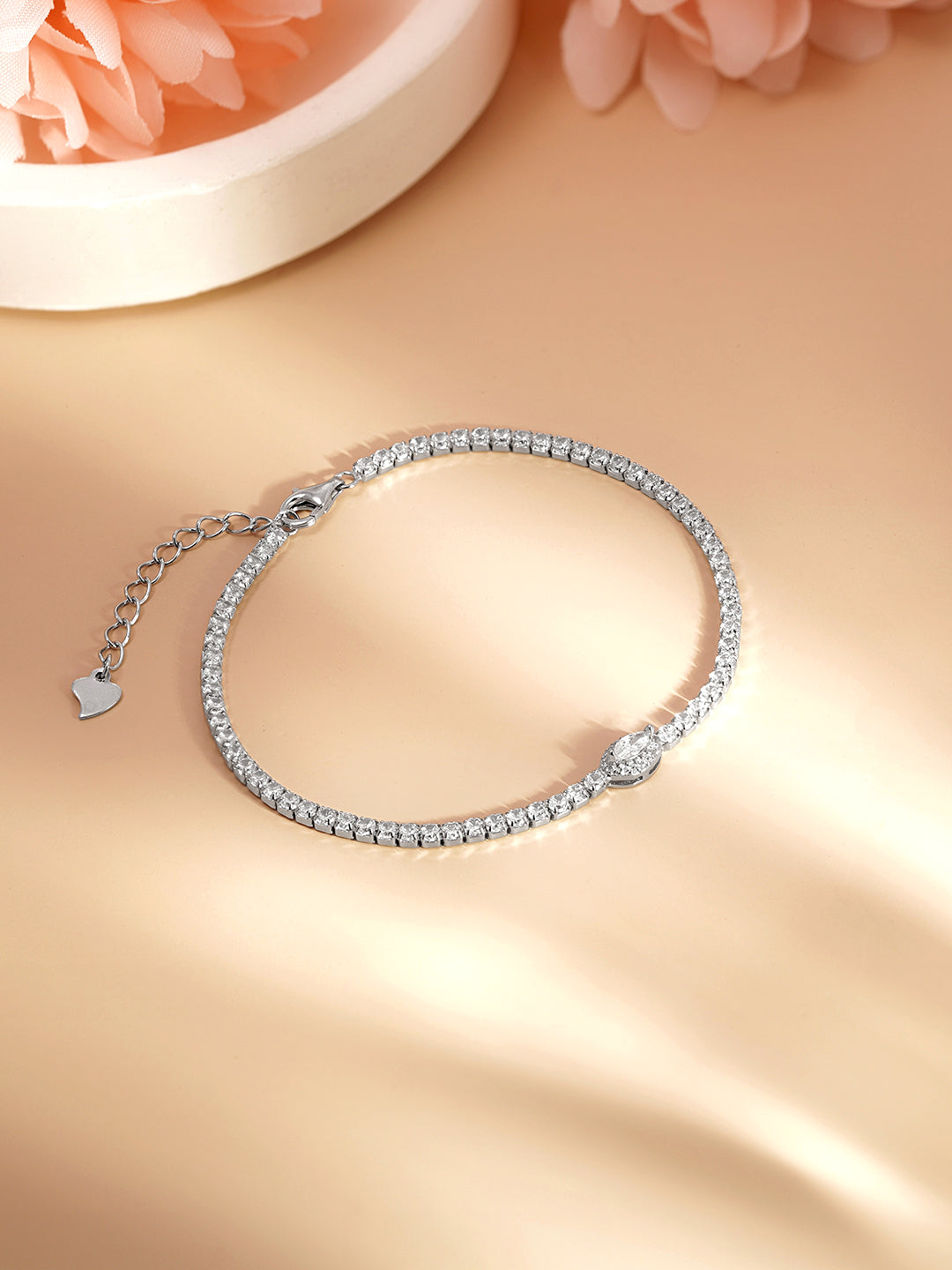 925 Fine Silver Crystal Charm Tennis Bracelet Length-16 cm : Width-0.7 cm