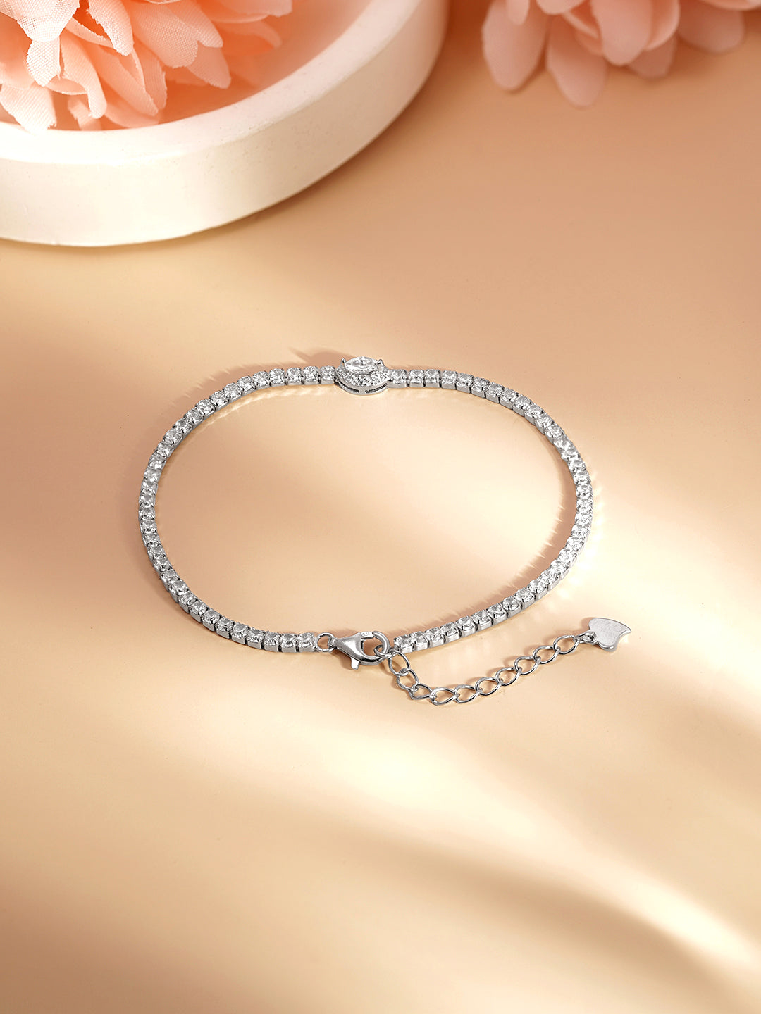 925 Fine Silver Crystal Charm Tennis Bracelet Length-16 cm : Width-0.7 cm