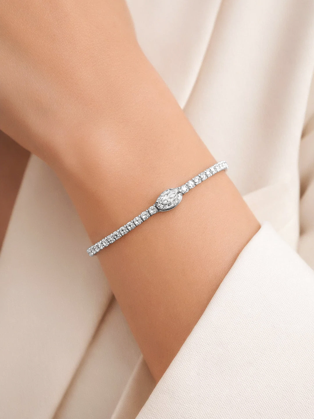 925 Fine Silver Crystal Charm Tennis Bracelet Length-16 cm : Width-0.7 cm