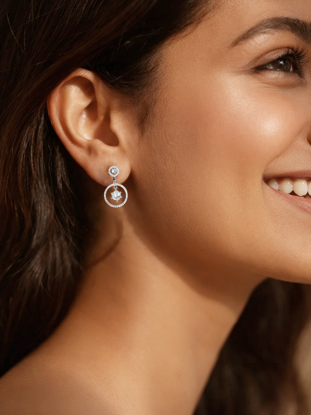 925 Fine Silver Halo Diamond Circle Drop Earrings Length-2.5 cm : Width-1 cm