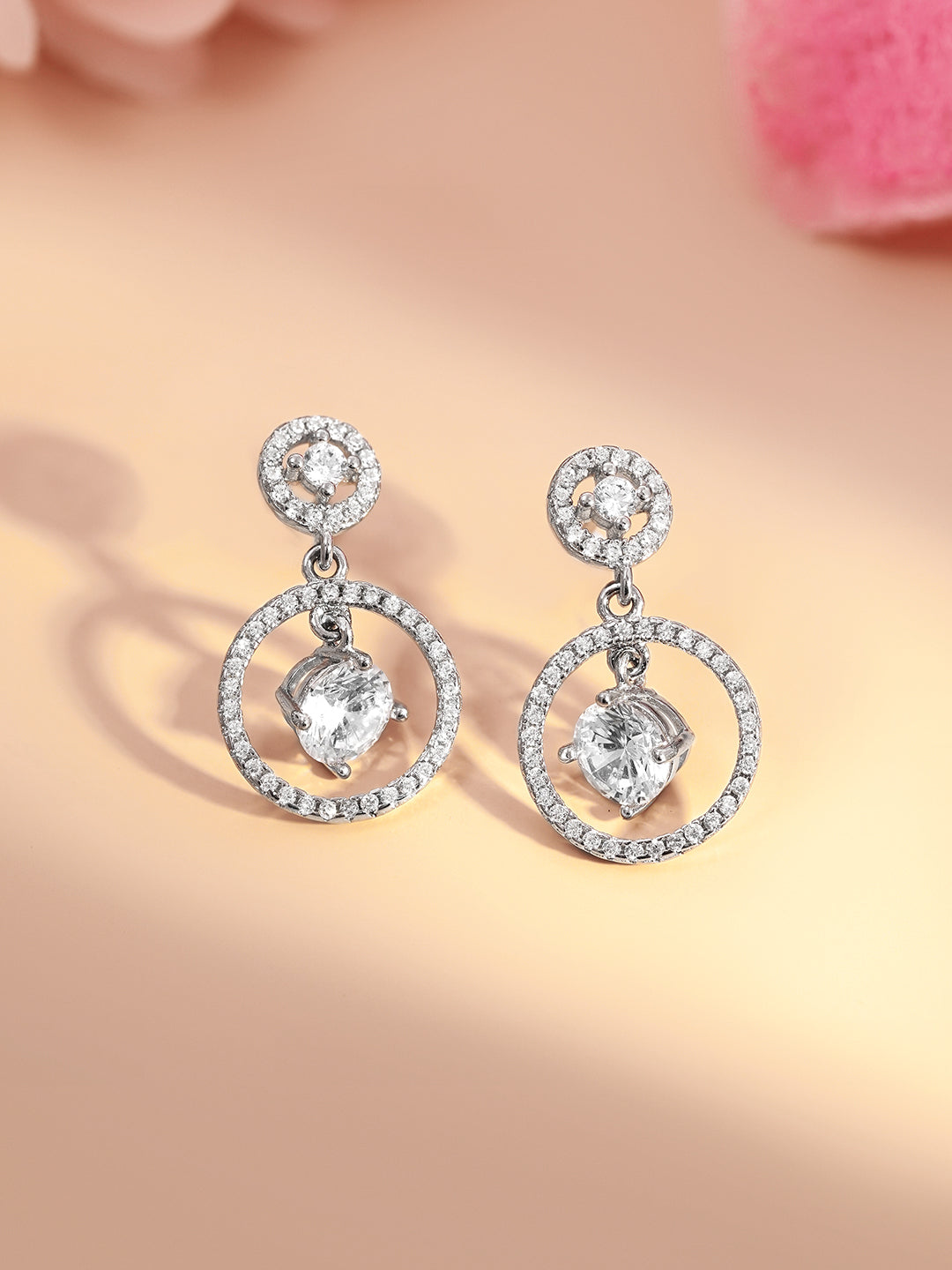 925 Fine Silver Halo Diamond Circle Drop Earrings Length-2.5 cm : Width-1 cm