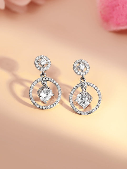 925 Fine Silver Halo Diamond Circle Drop Earrings Length-2.5 cm : Width-1 cm