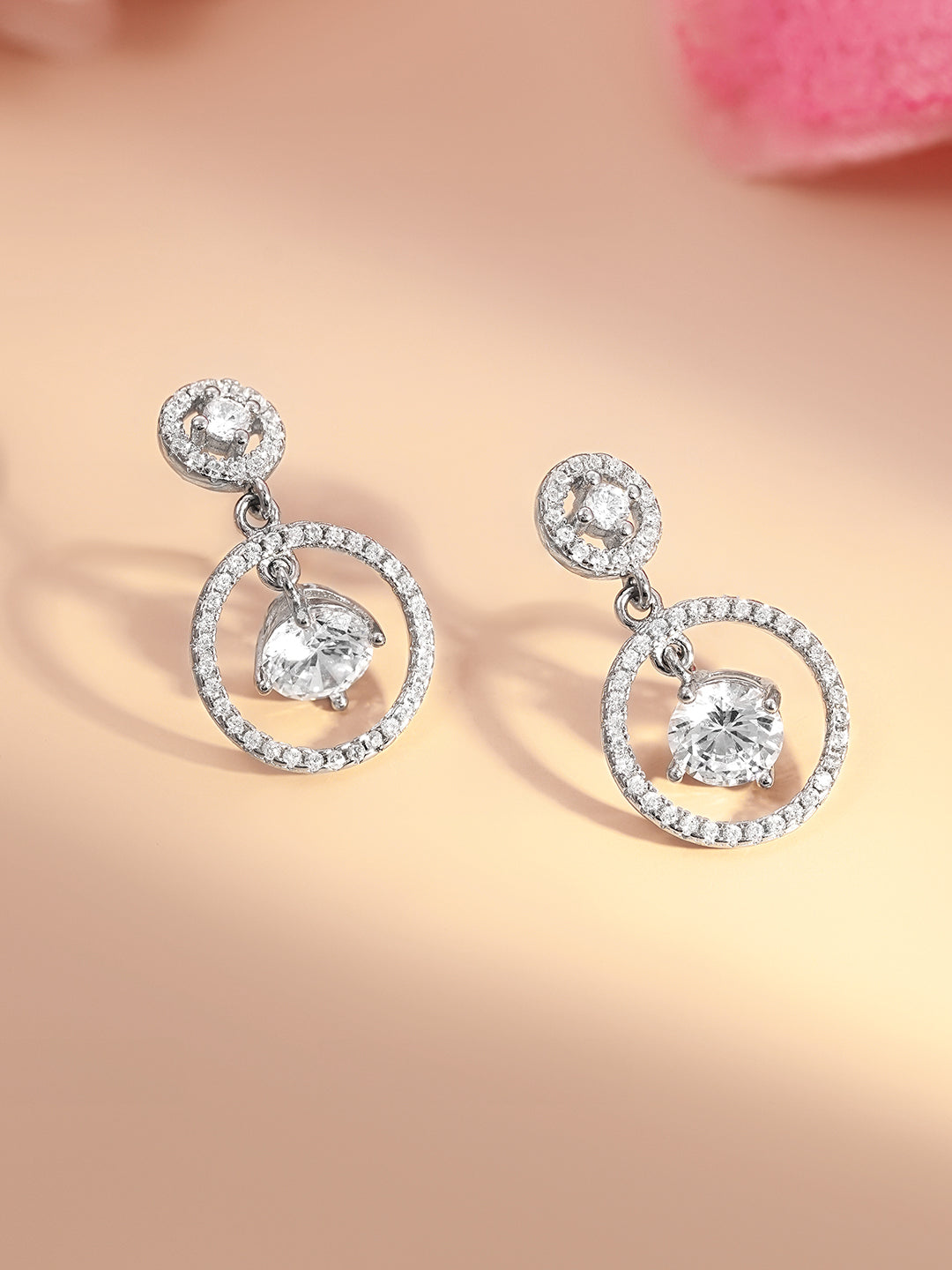 925 Fine Silver Halo Diamond Circle Drop Earrings Length-2.5 cm : Width-1 cm