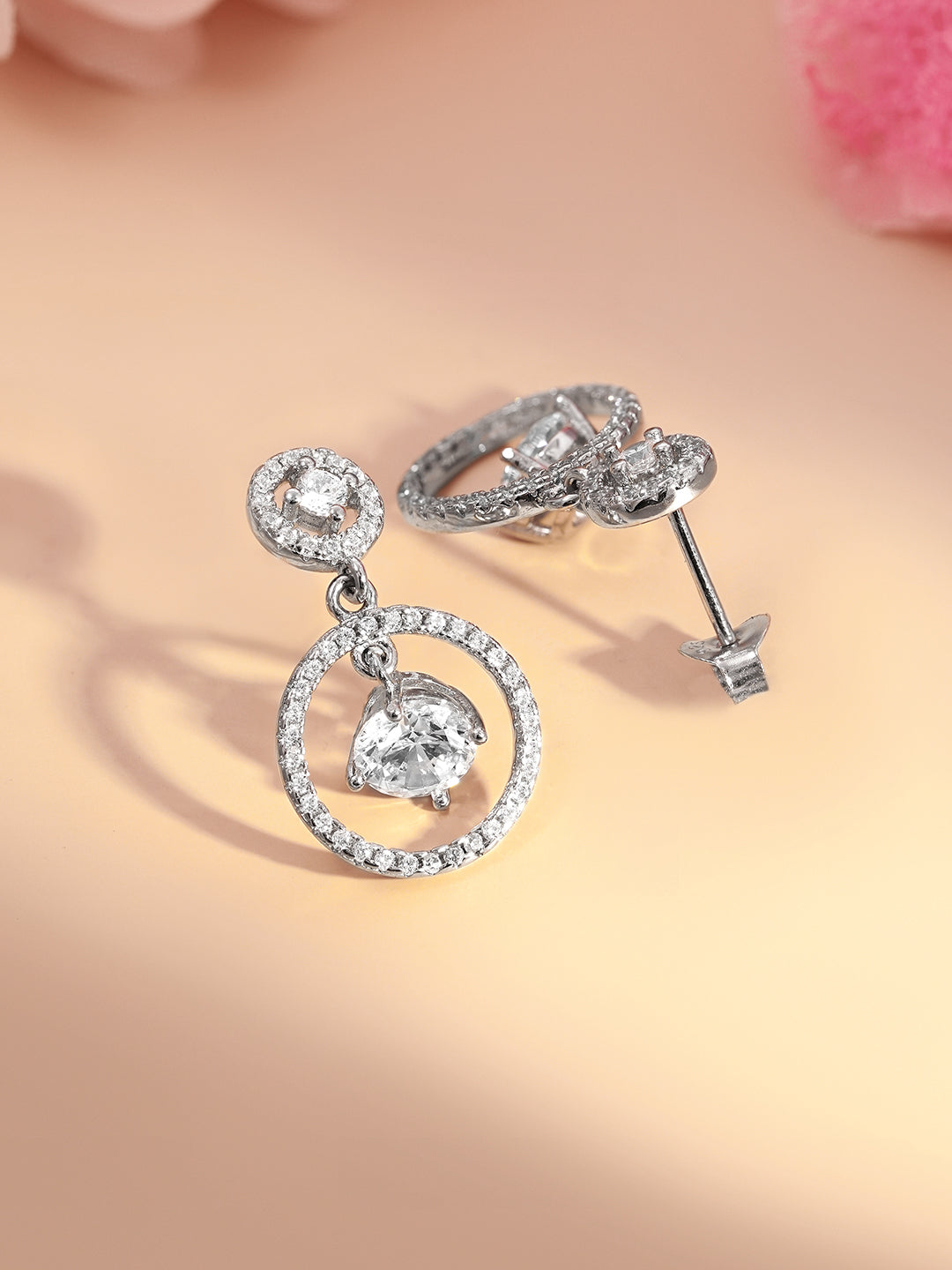 925 Fine Silver Halo Diamond Circle Drop Earrings Length-2.5 cm : Width-1 cm