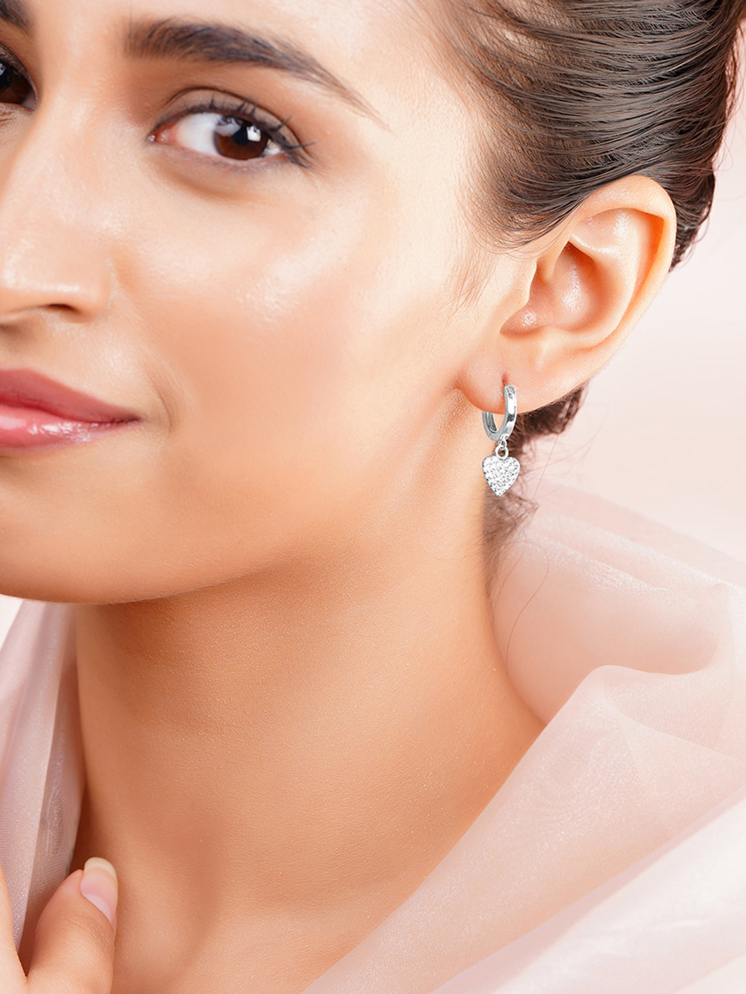 925 Fine Silver Crystal Heart Hoop Drop Earrings フリーサイズ