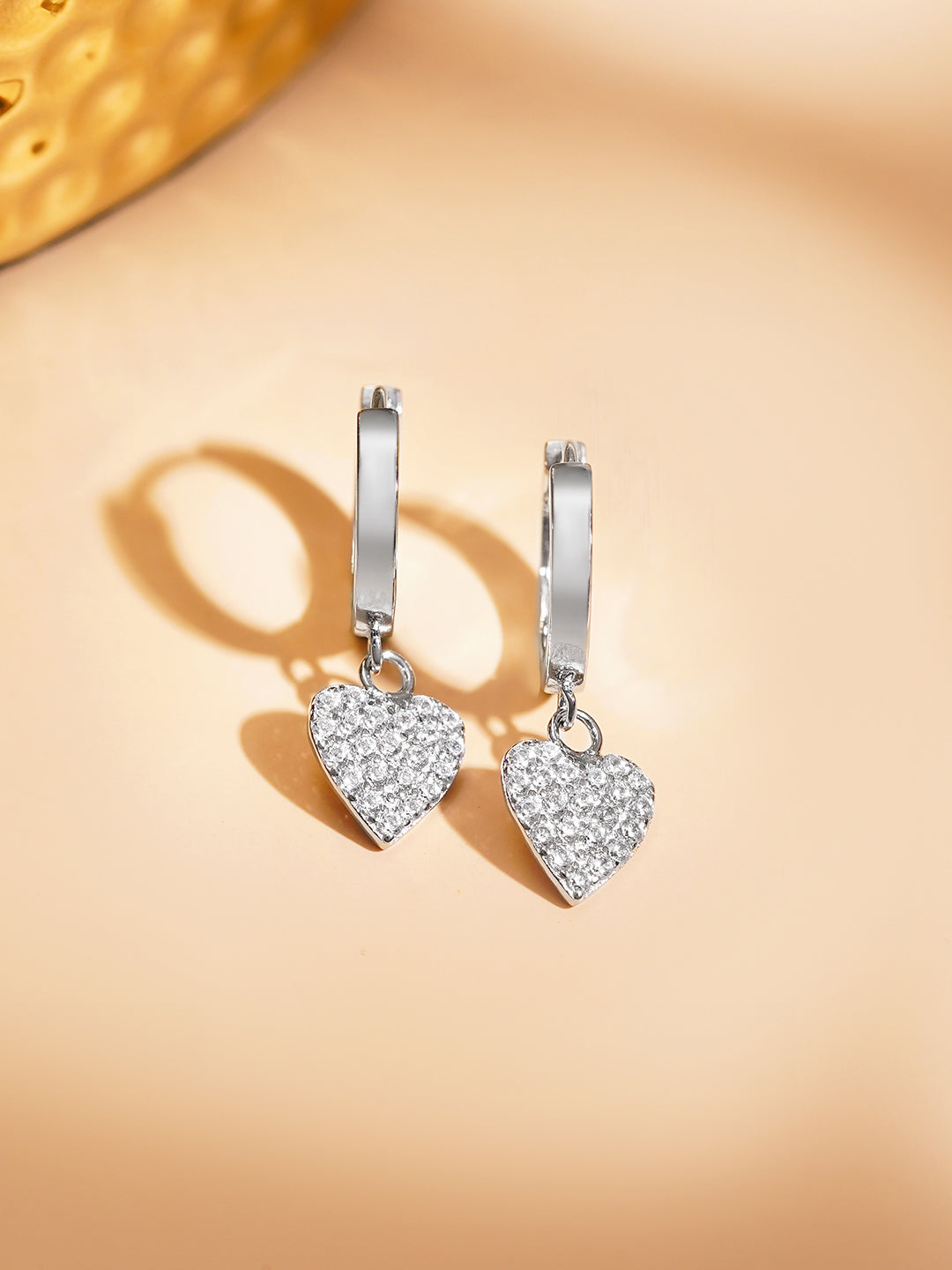 925 Fine Silver Crystal Heart Hoop Drop Earrings フリーサイズ