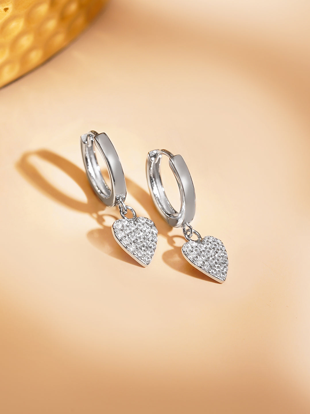 925 Fine Silver Crystal Heart Hoop Drop Earrings フリーサイズ