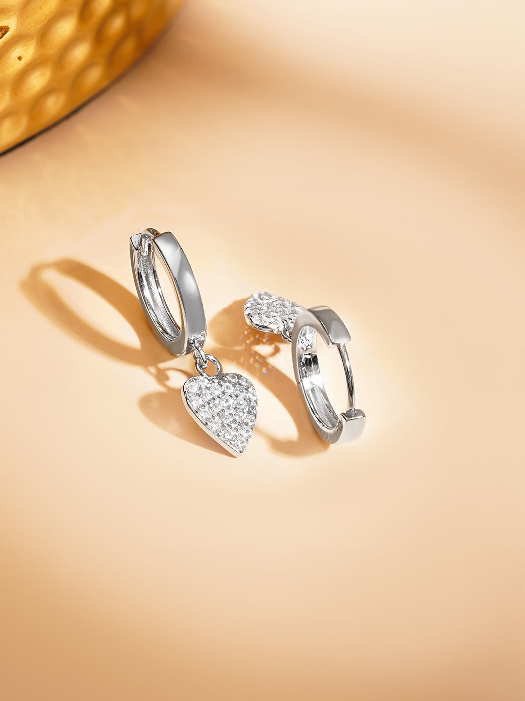 925 Fine Silver Crystal Heart Hoop Drop Earrings フリーサイズ