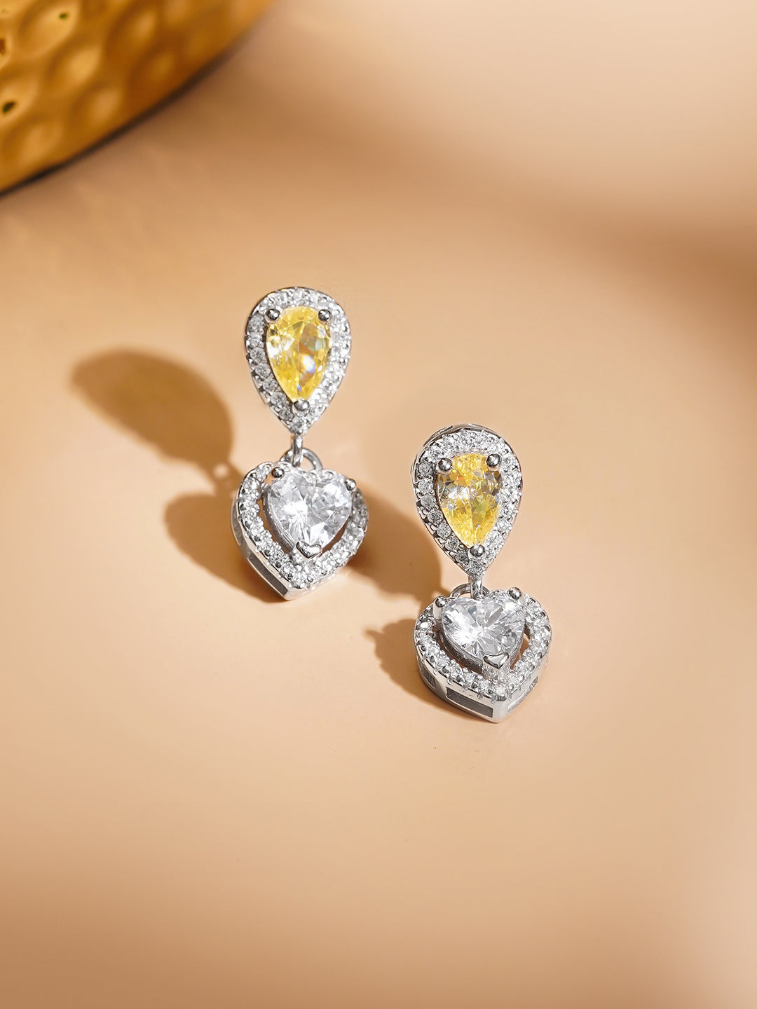925 Fine Silver Rhodium Plated American Diamond Zirconia Yellow Citrine Heart Drop Earrings フリーサイズ