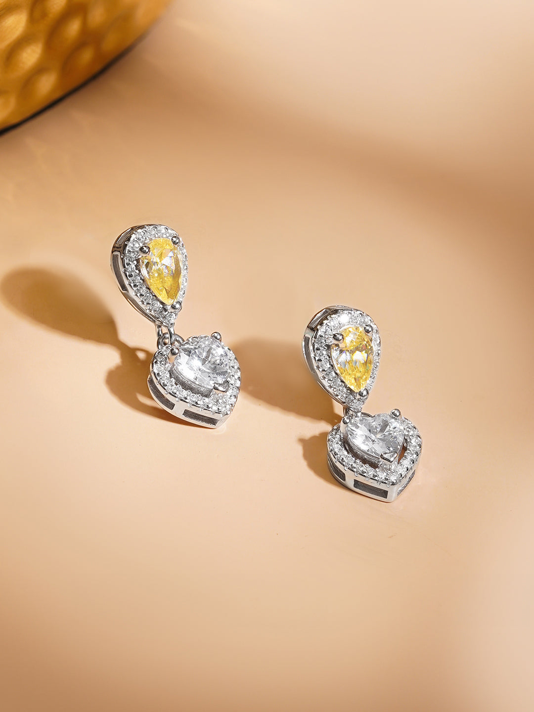 925 Fine Silver Rhodium Plated American Diamond Zirconia Yellow Citrine Heart Drop Earrings フリーサイズ