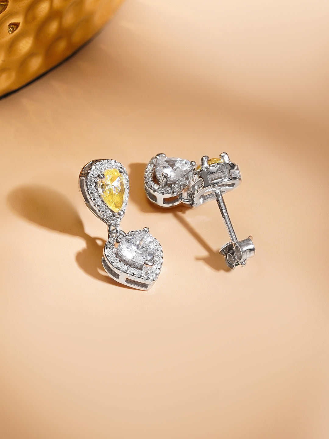 925 Fine Silver Rhodium Plated American Diamond Zirconia Yellow Citrine Heart Drop Earrings フリーサイズ