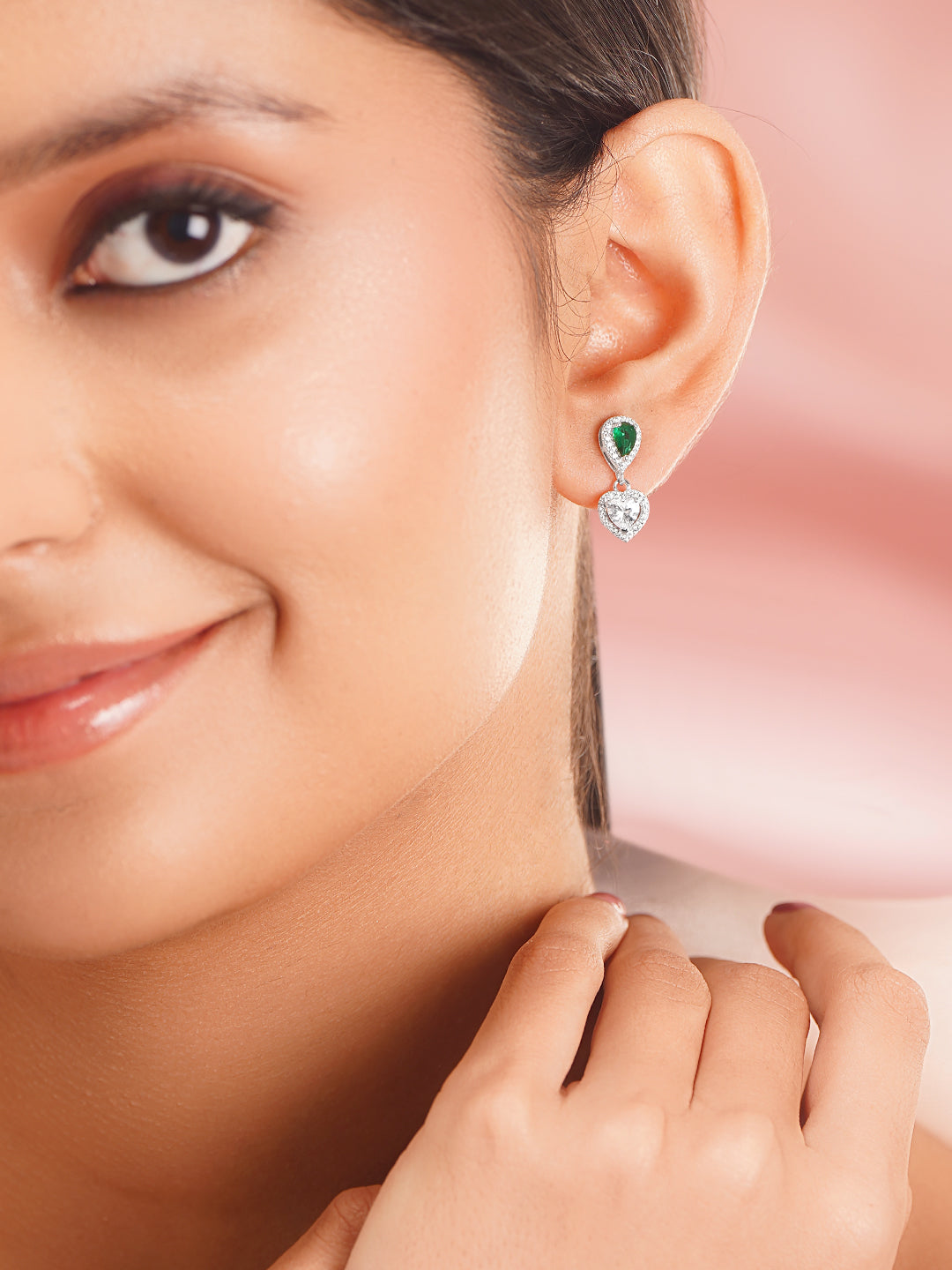 925 Fine Silver Rhodium Plated Emerald Green Heart Drop Earrings フリーサイズ