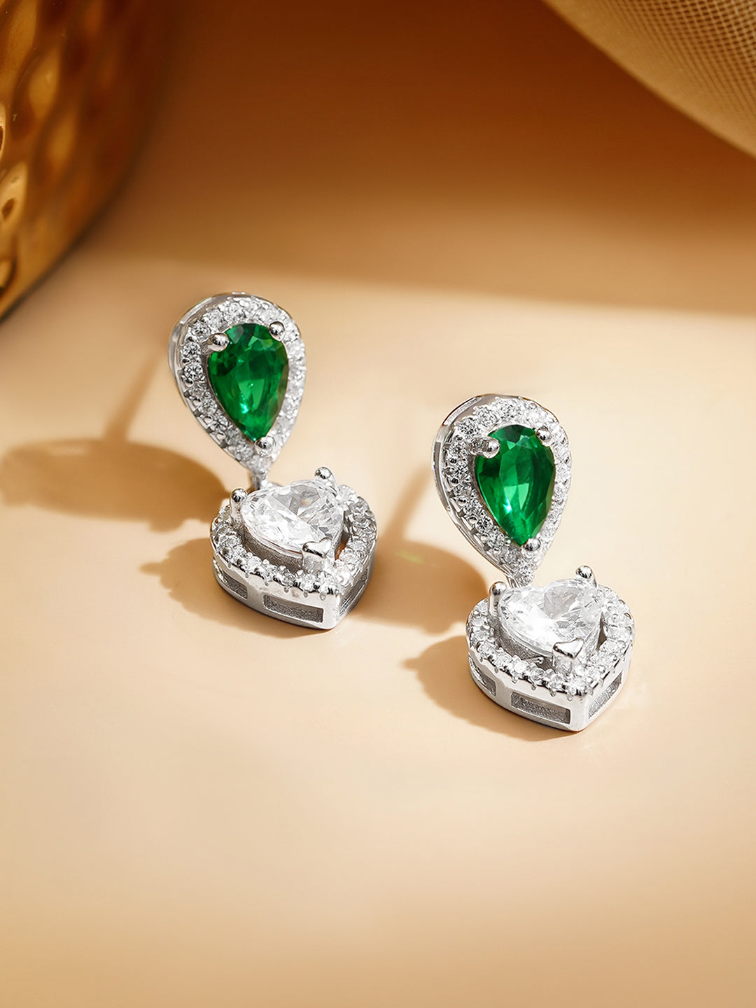 925 Fine Silver Rhodium Plated Emerald Green Heart Drop Earrings フリーサイズ