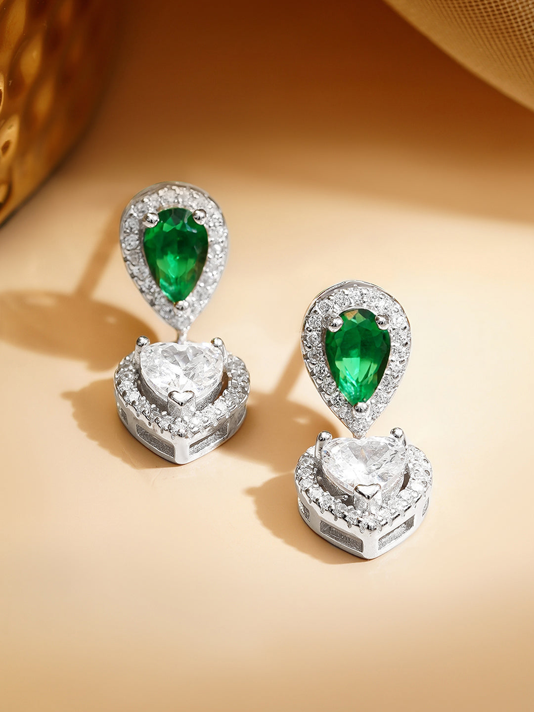 925 Fine Silver Rhodium Plated Emerald Green Heart Drop Earrings フリーサイズ