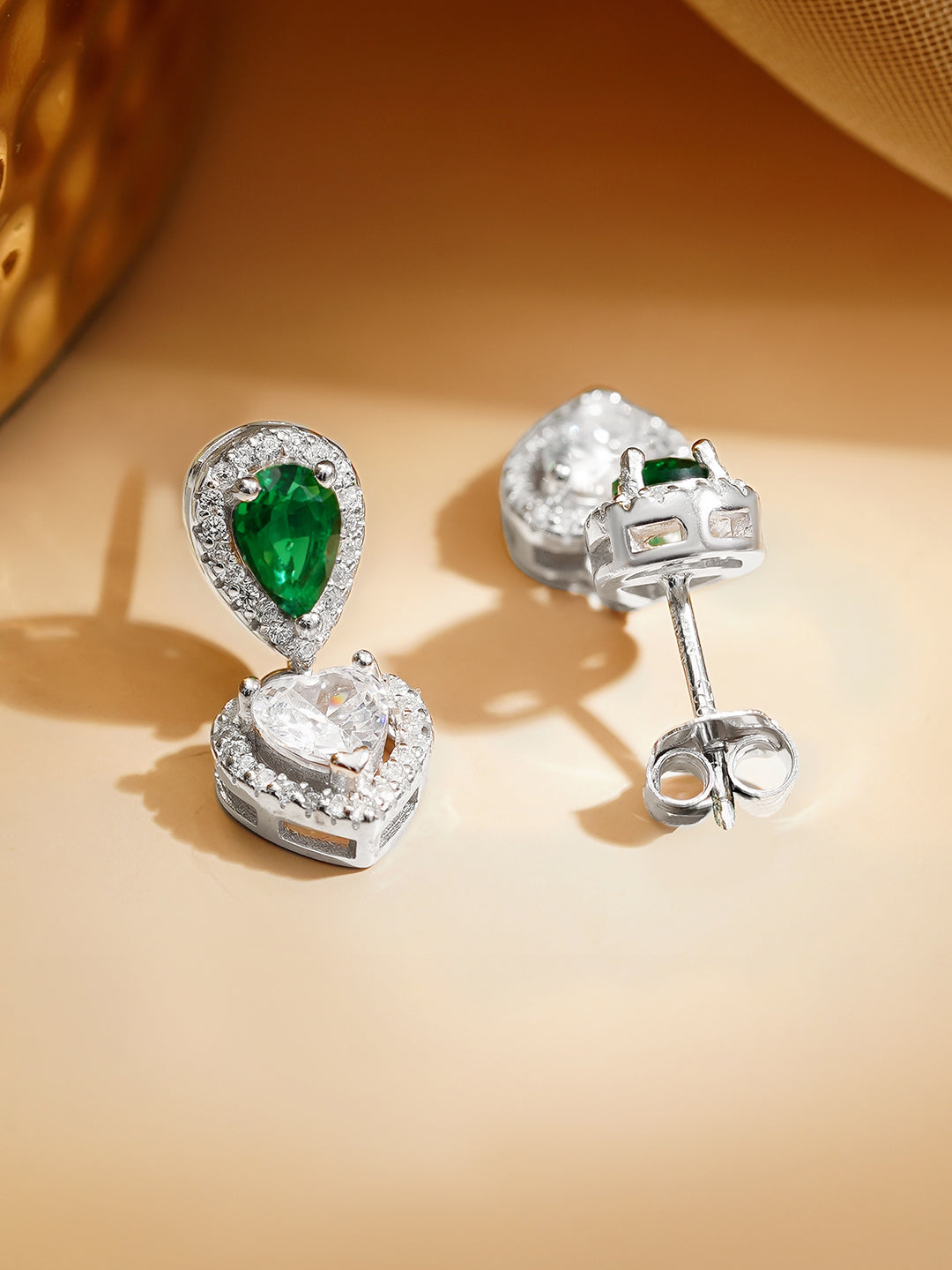 925 Fine Silver Rhodium Plated Emerald Green Heart Drop Earrings フリーサイズ