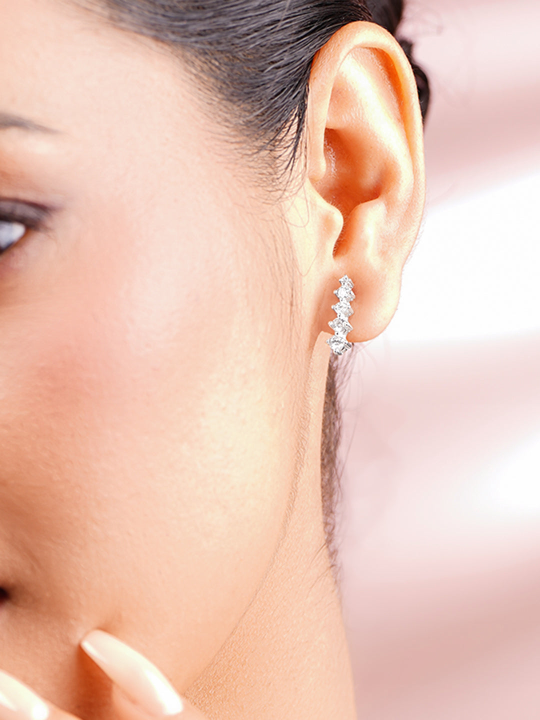 925 Fine Silver Rhodium Plated Cubic Zirconia Linear Stud Earrings フリーサイズ