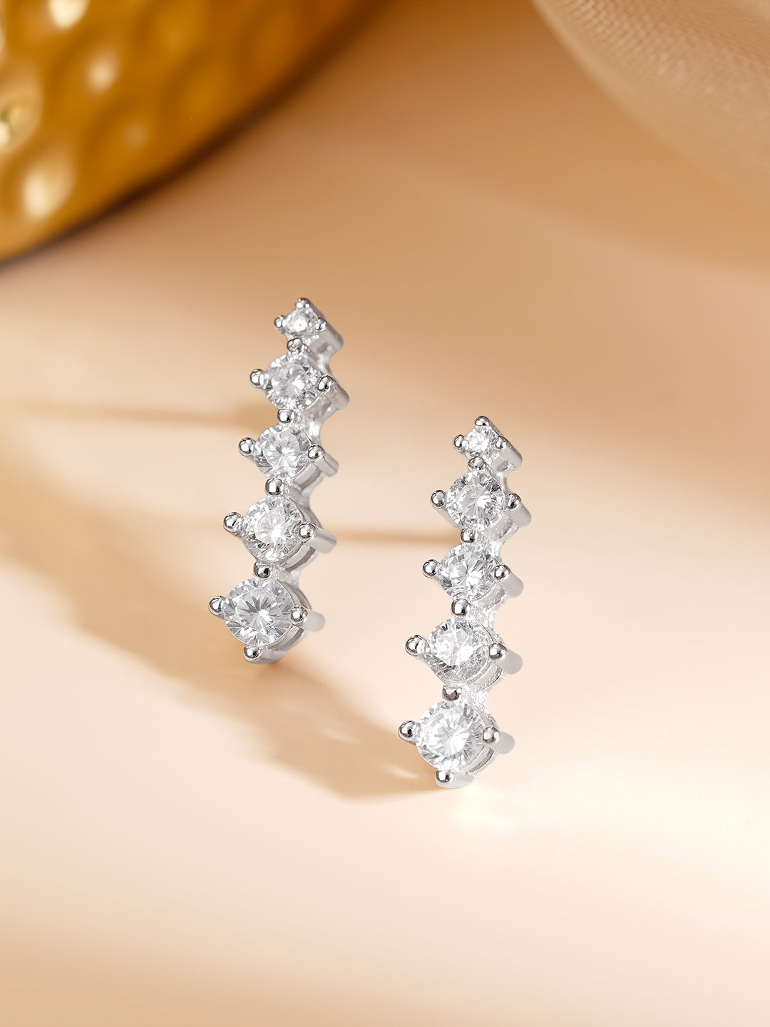 925 Fine Silver Rhodium Plated Cubic Zirconia Linear Stud Earrings フリーサイズ