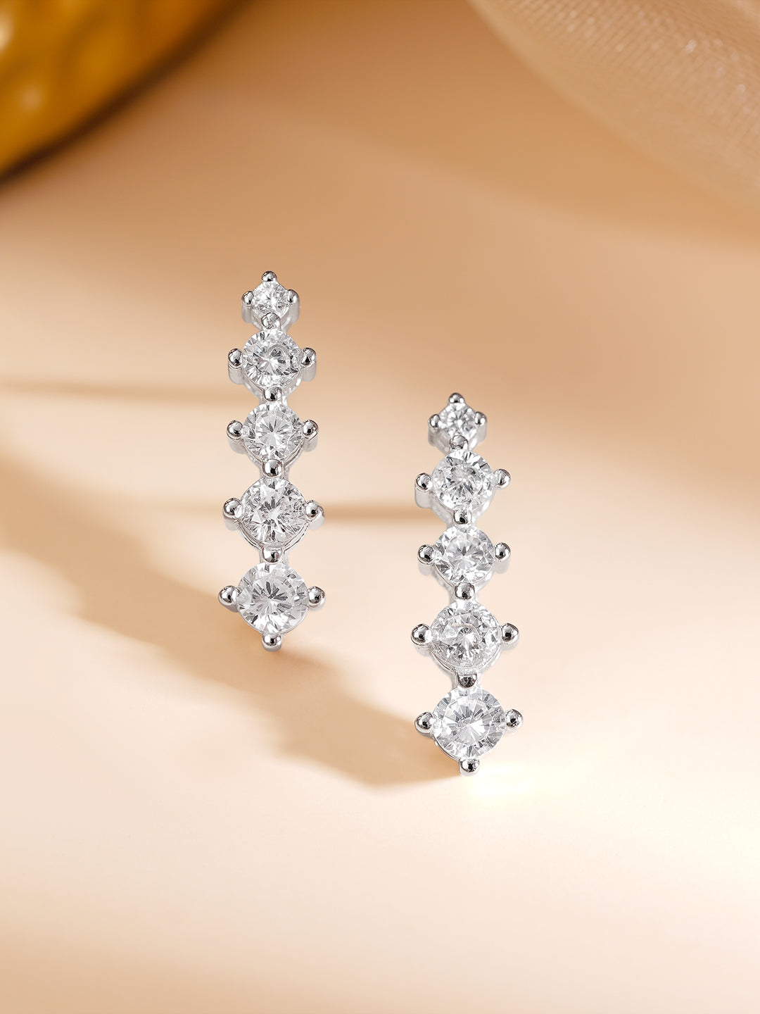 925 Fine Silver Rhodium Plated Cubic Zirconia Linear Stud Earrings フリーサイズ