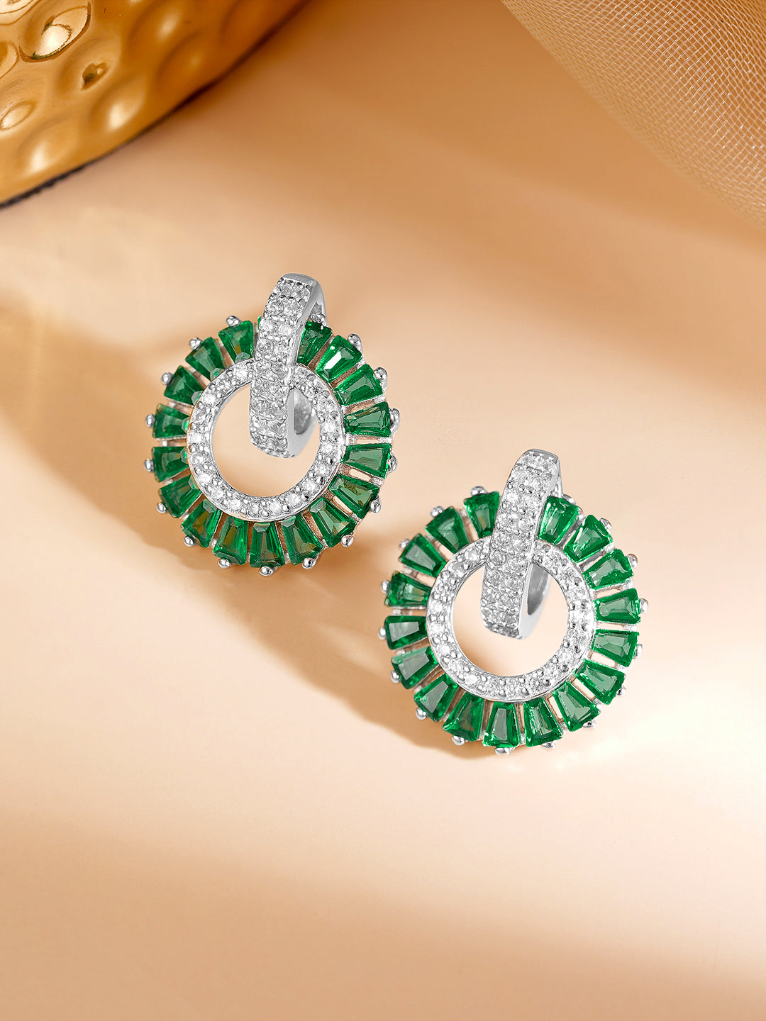 925 Fine Silver Rhodium Plated Emerald AD Circle Statement Stud Earrings フリーサイズ