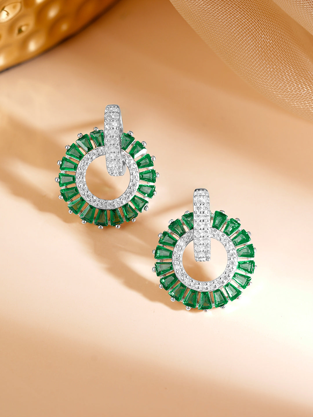 925 Fine Silver Rhodium Plated Emerald AD Circle Statement Stud Earrings フリーサイズ