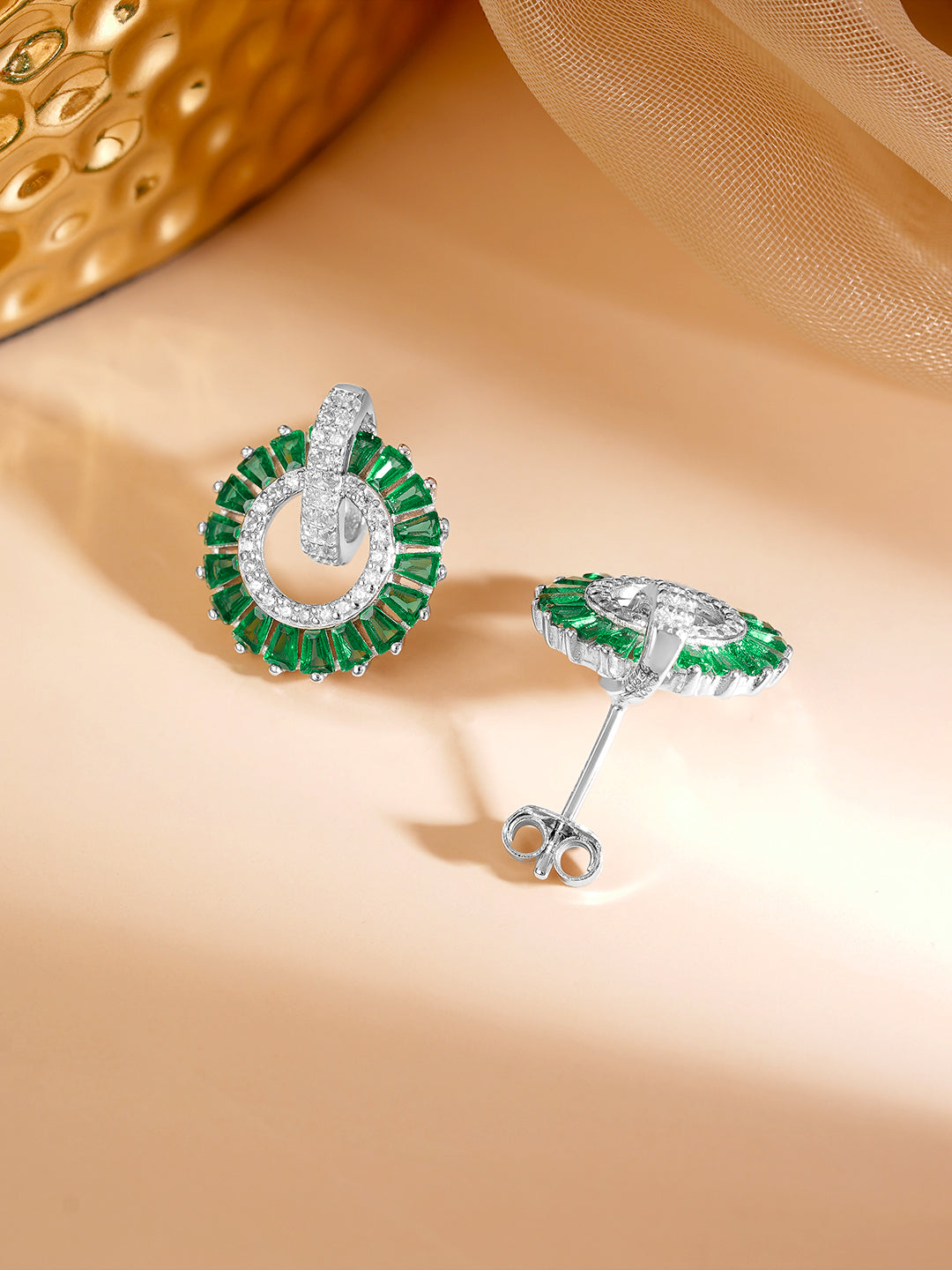925 Fine Silver Rhodium Plated Emerald AD Circle Statement Stud Earrings フリーサイズ
