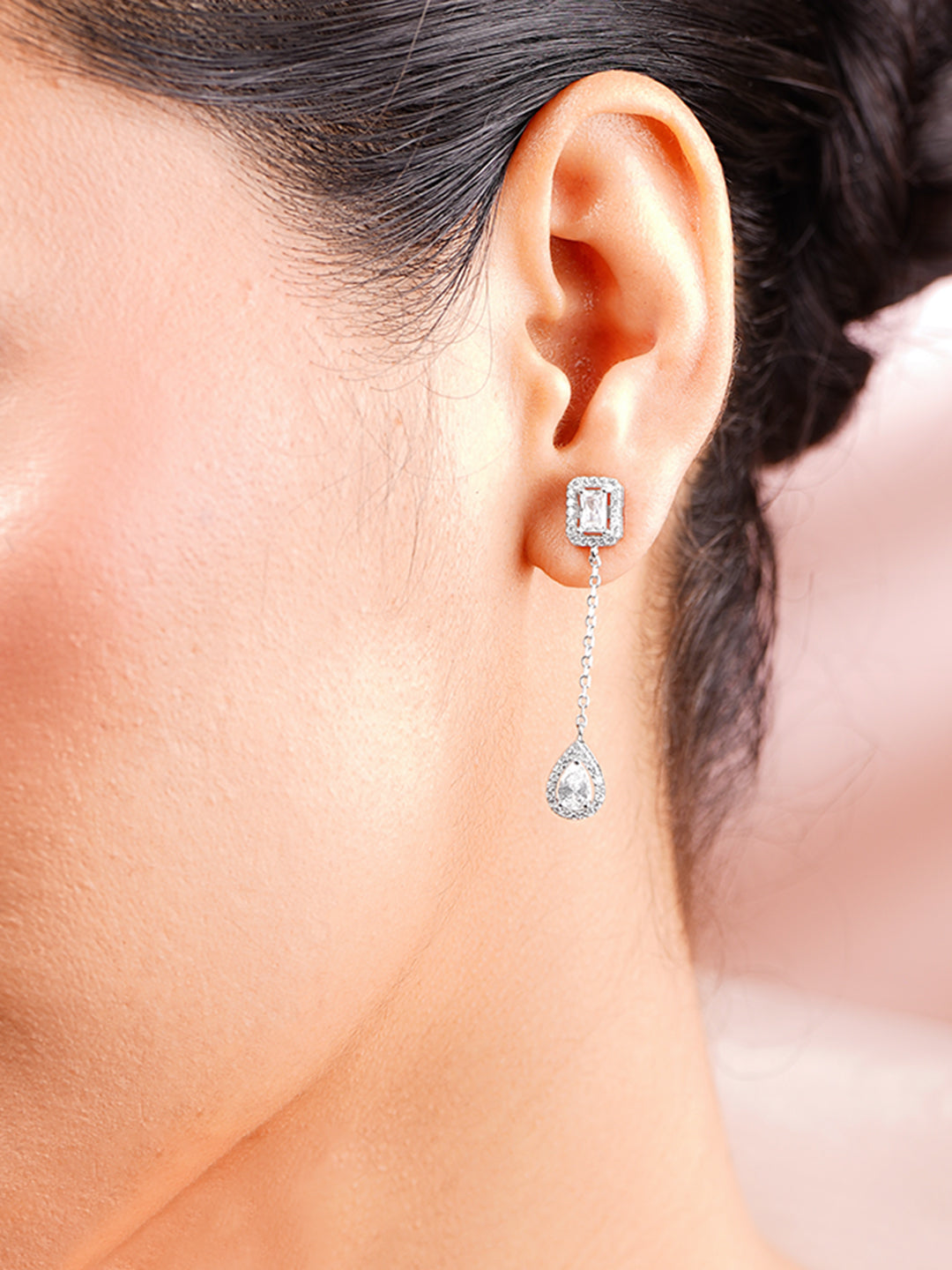 925 Fine Silver Rhodium Plated AD Drop Earrings フリーサイズ