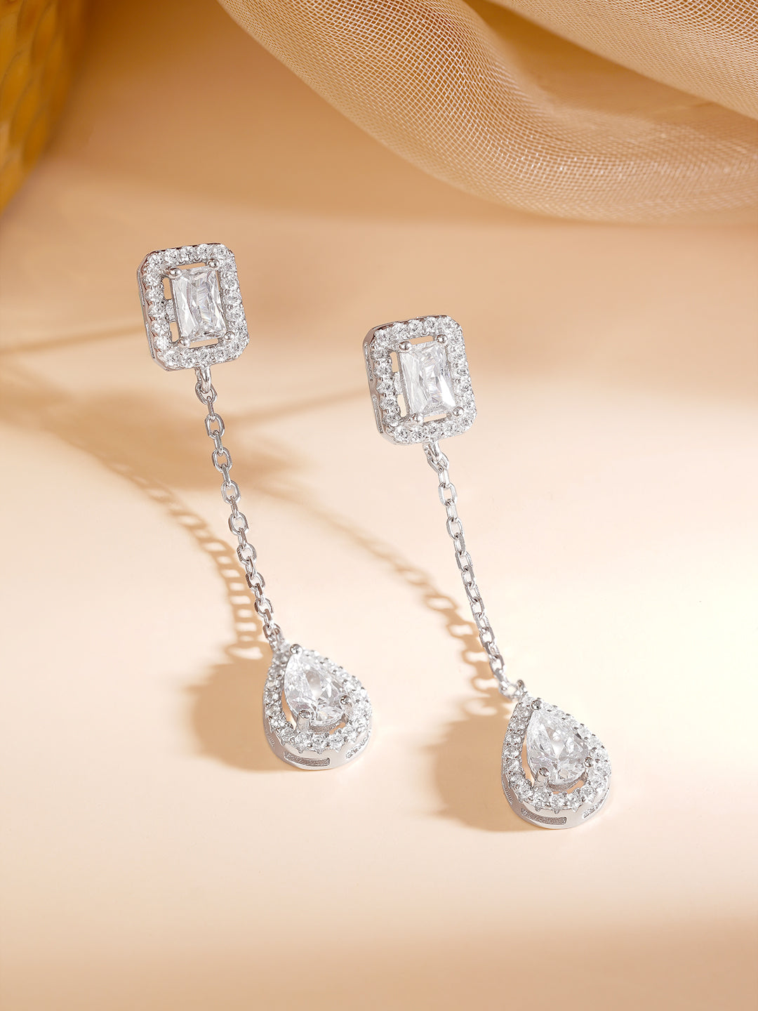 925 Fine Silver Rhodium Plated AD Drop Earrings フリーサイズ