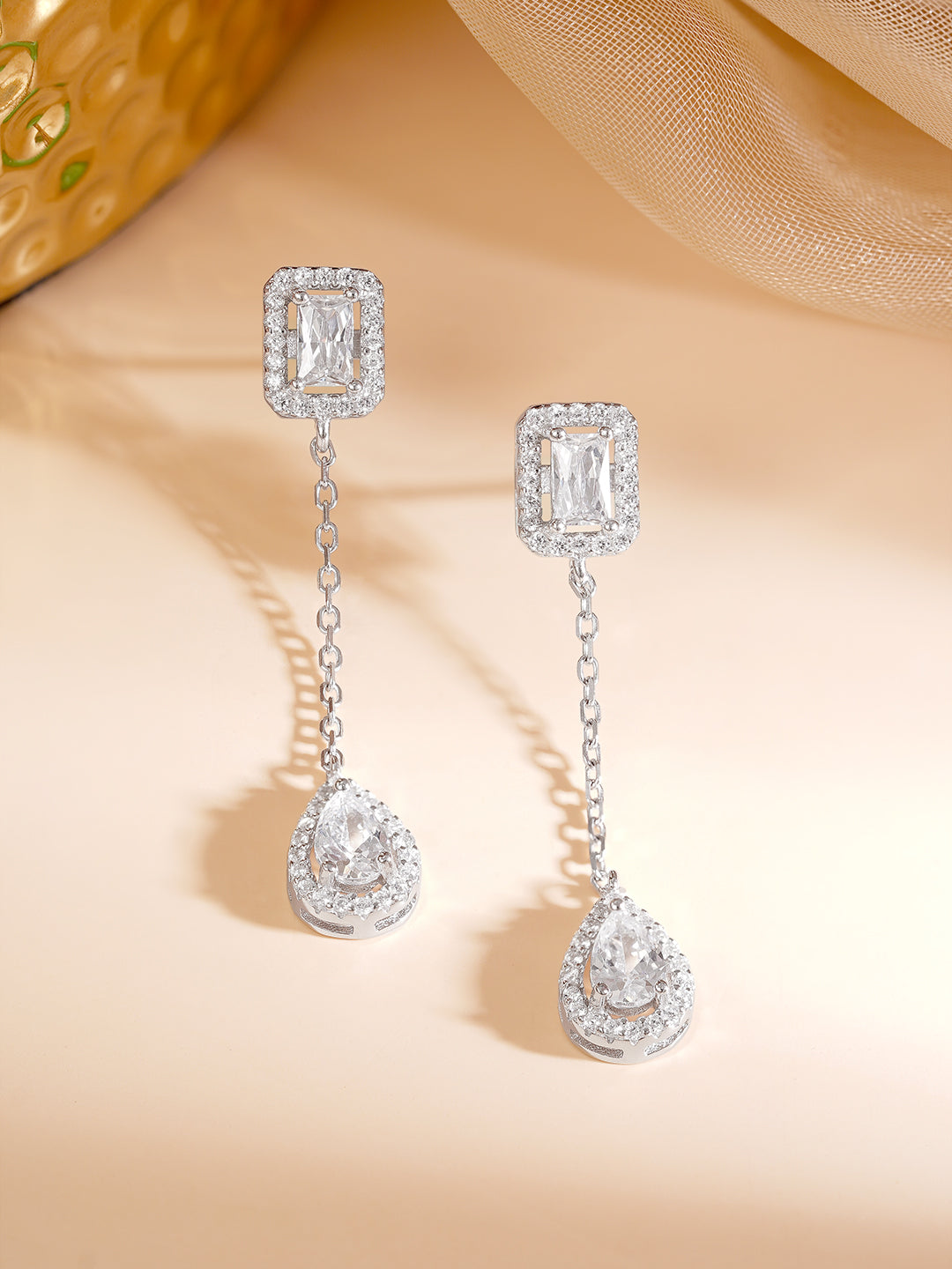 925 Fine Silver Rhodium Plated AD Drop Earrings フリーサイズ