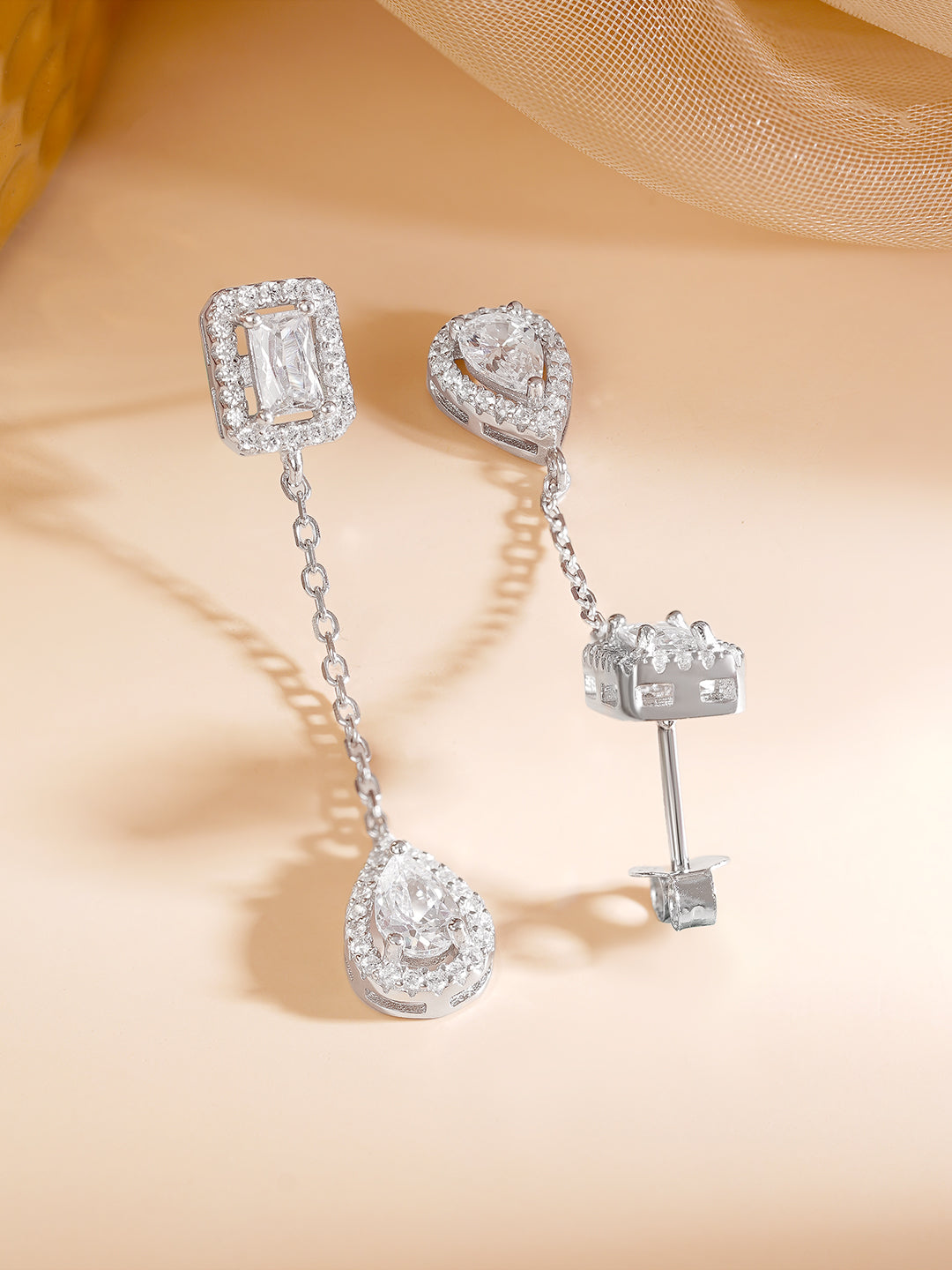 925 Fine Silver Rhodium Plated AD Drop Earrings フリーサイズ