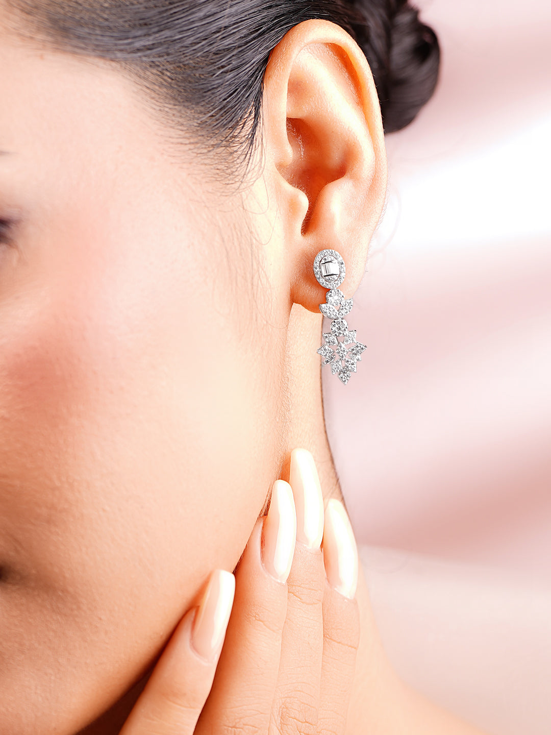 925 Fine Silver Rhodium Plated Cubic Zirconia Floral Drop Earrings フリーサイズ