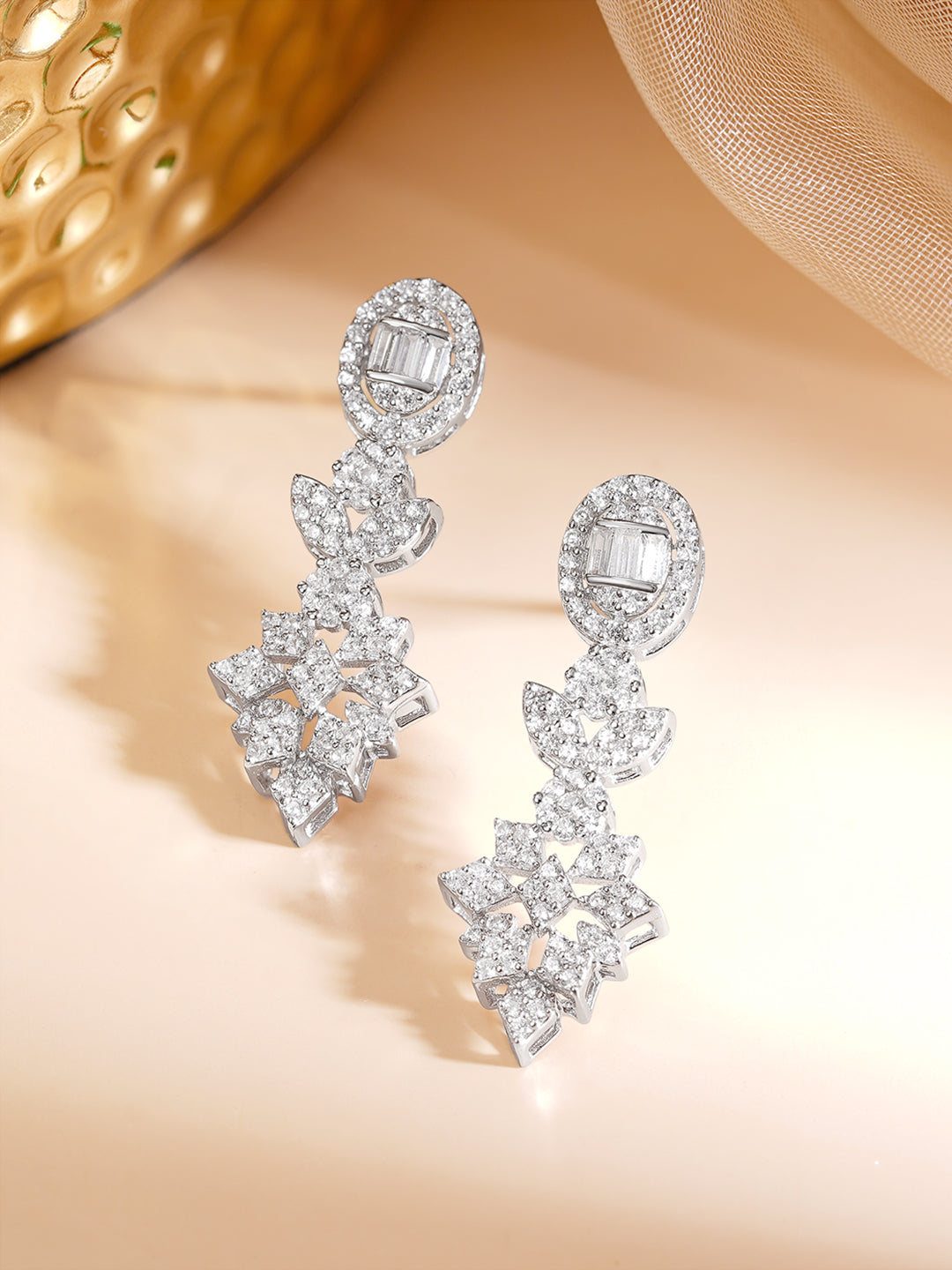 925 Fine Silver Rhodium Plated Cubic Zirconia Floral Drop Earrings フリーサイズ