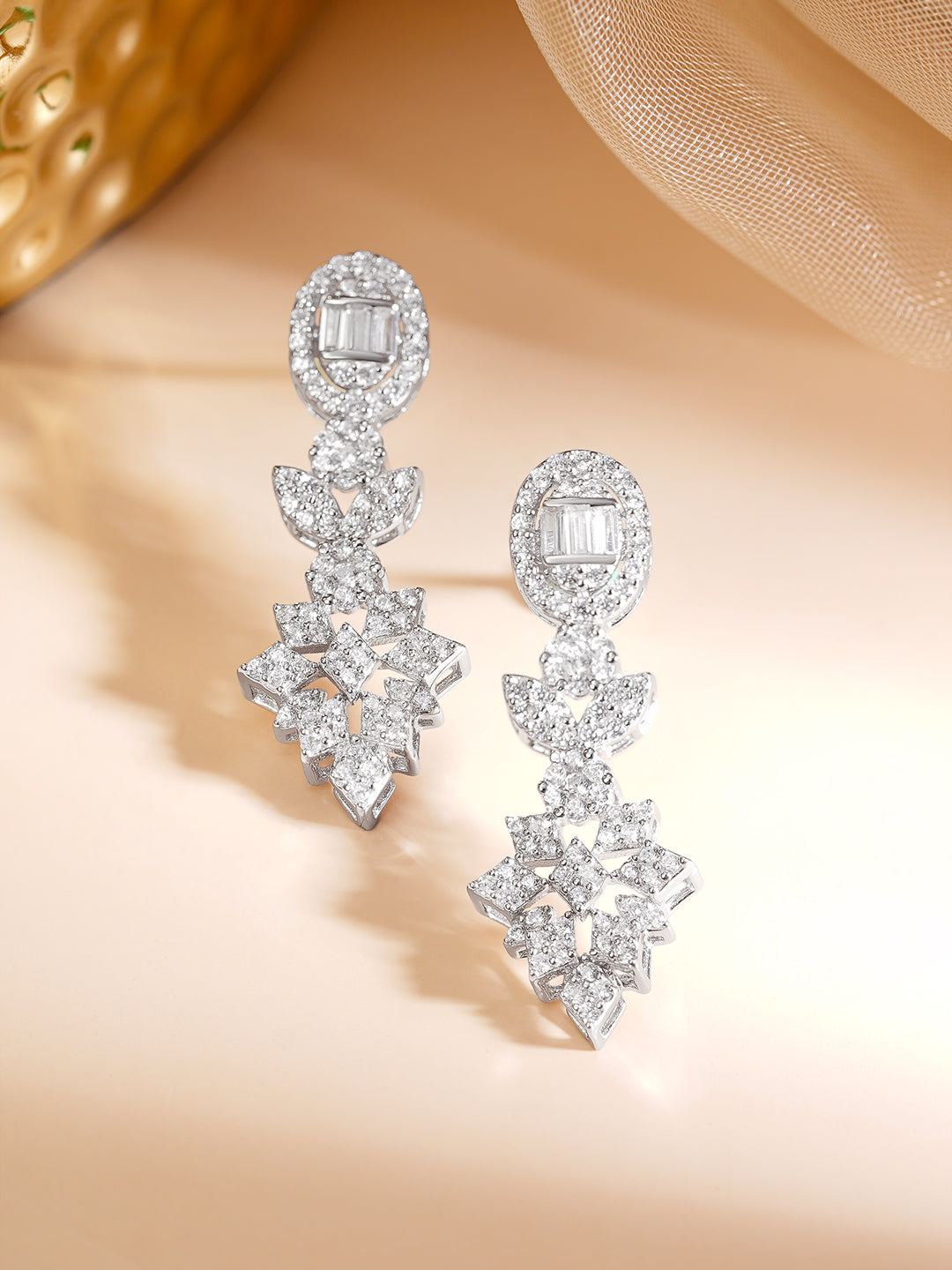 925 Fine Silver Rhodium Plated Cubic Zirconia Floral Drop Earrings フリーサイズ